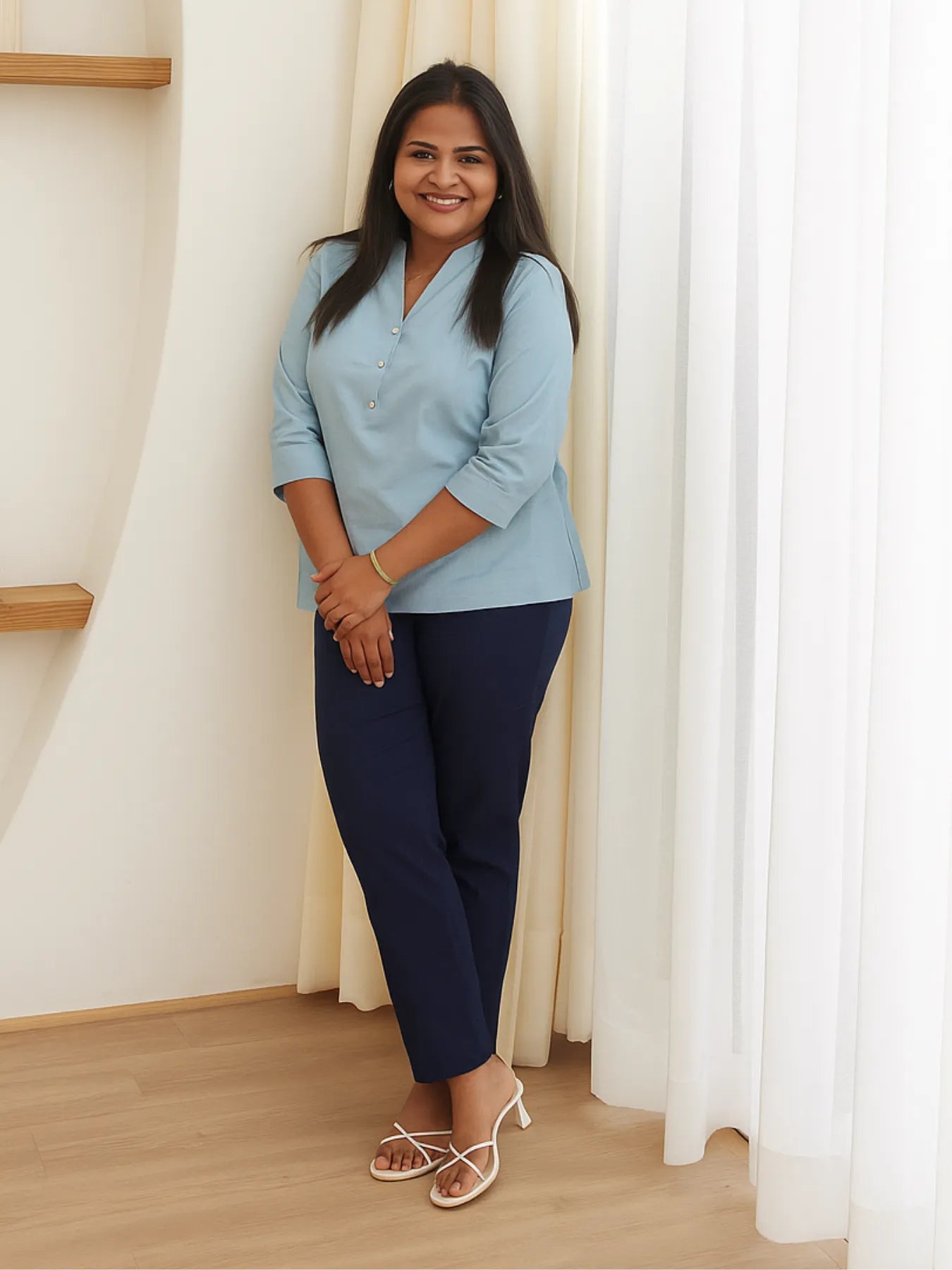 Sky Blue Short Kurta with Navy Blue Cotton Pant