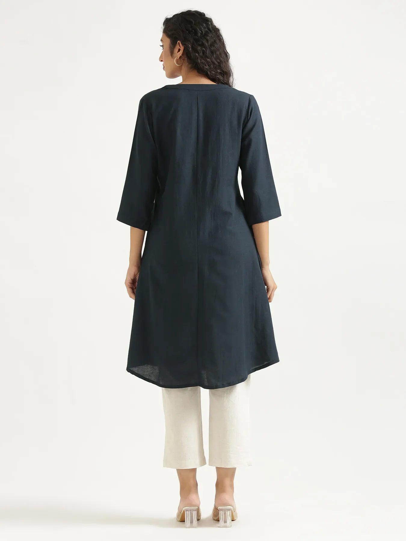 Women Navy Blue Flowy Linen A-Line Long Kurta