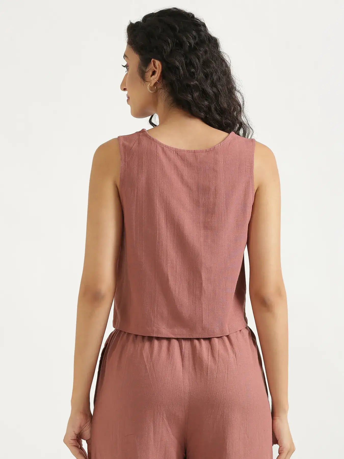 Women Rose Taupe Flowy Linen Crop Top