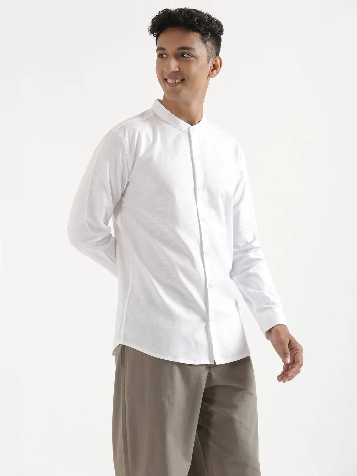 Men White Linen Blend Mandarin Collar Shirt