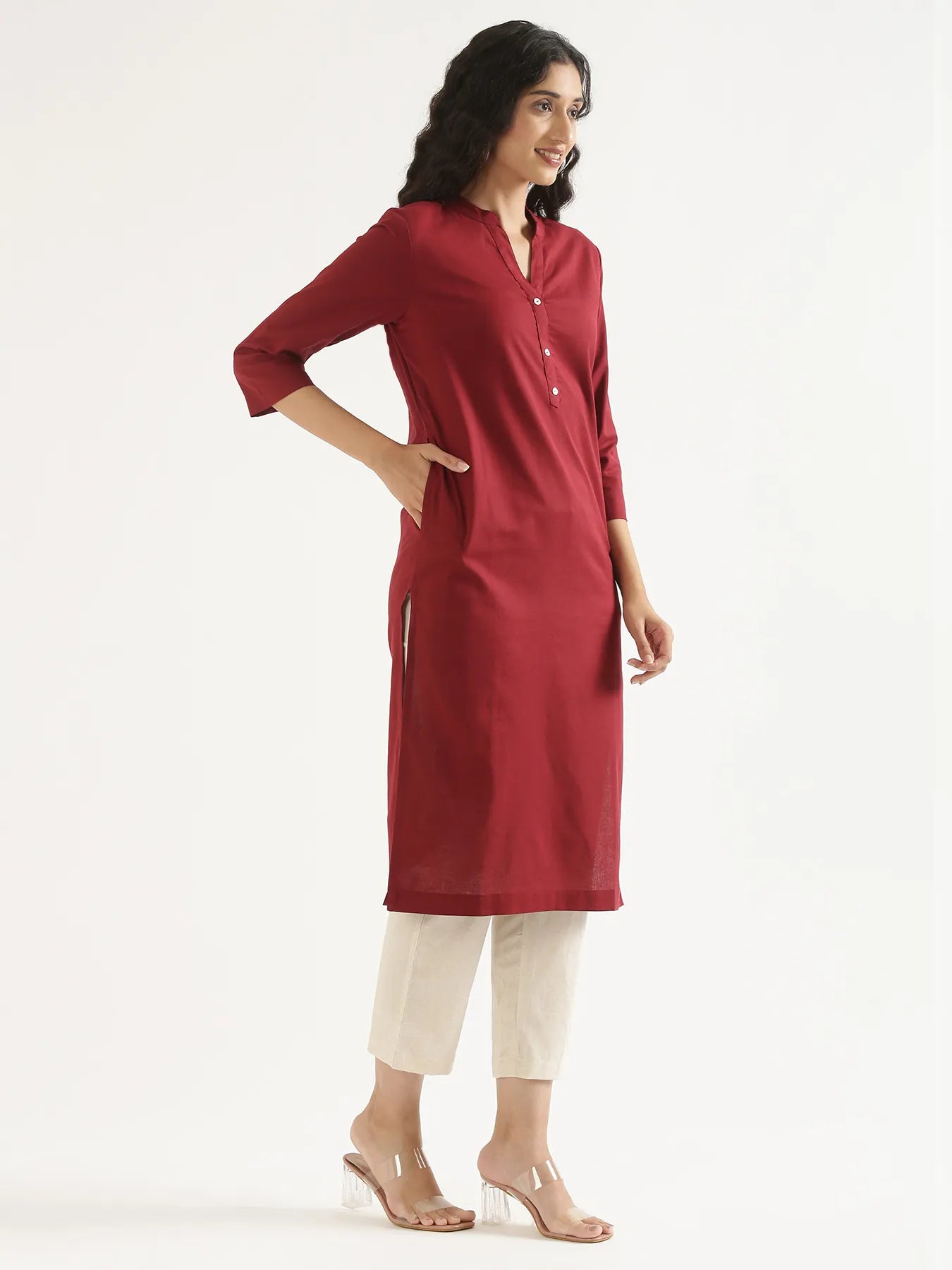 Women Maroon Airy Linen Long Kurta