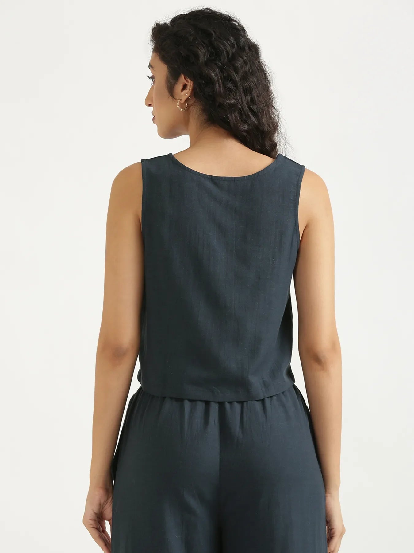 Women Navy Blue Flowy Linen Pant Set