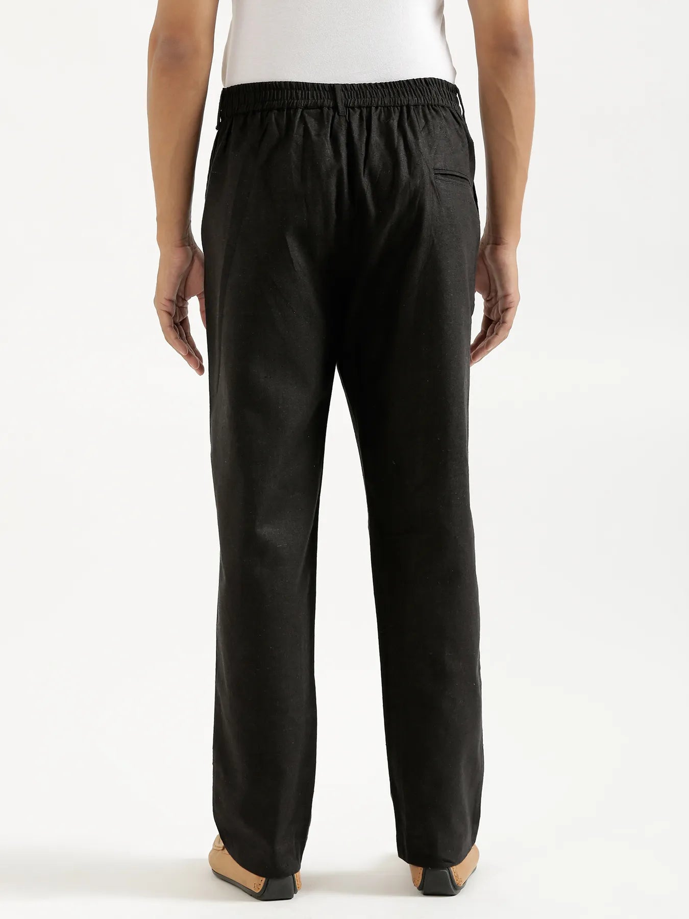 Men Black Linen Blend Straight Pant