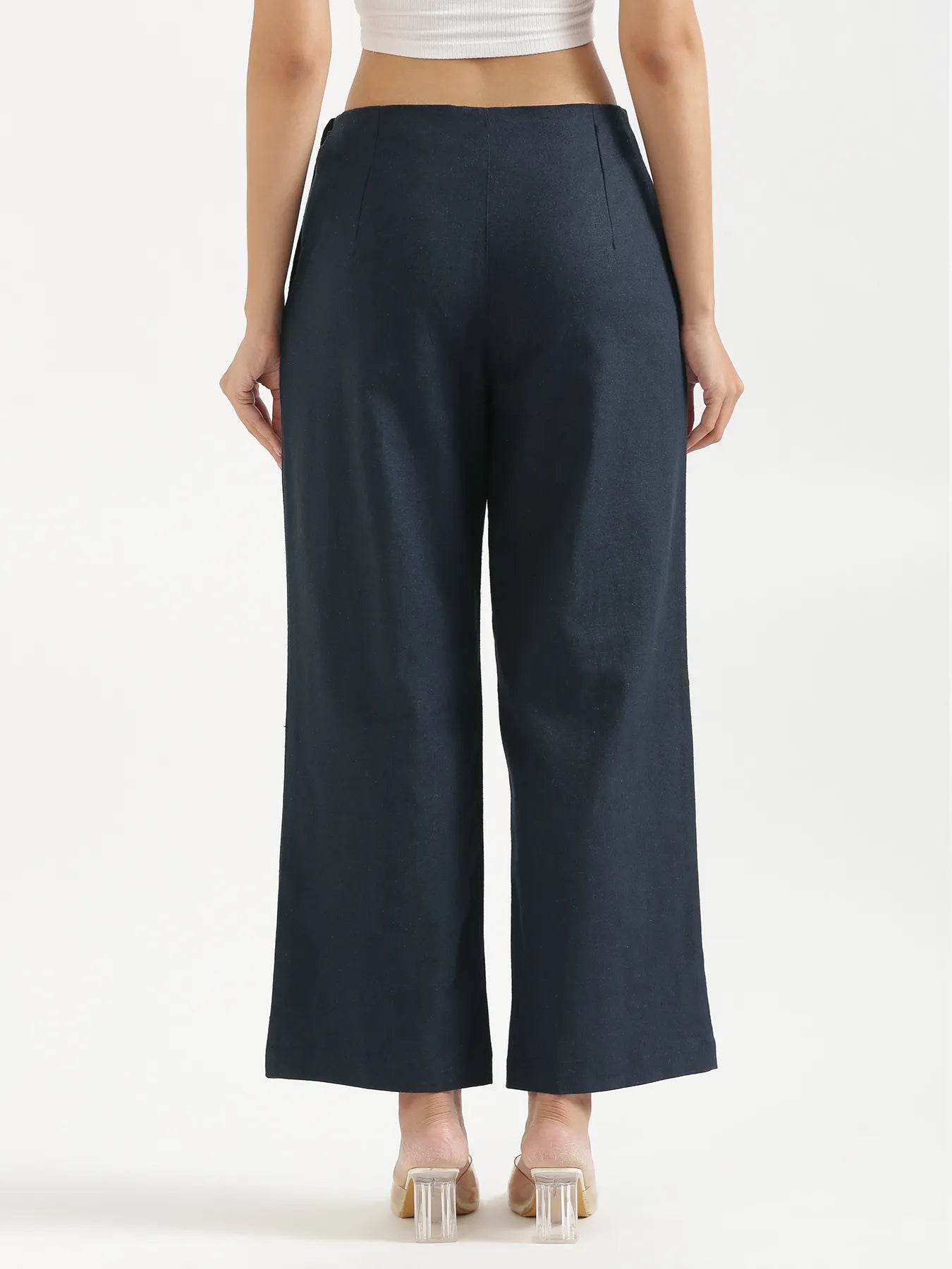 Women Navy Blue Linen Blend Wide Leg Pant