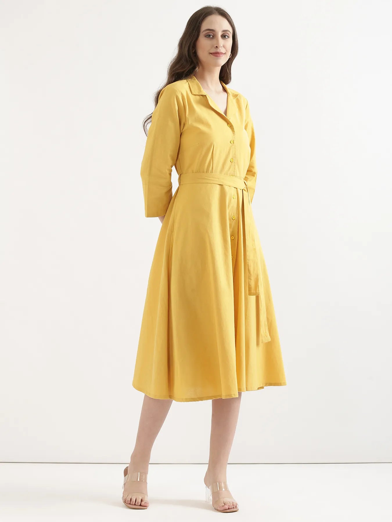 Women Yellow Airy Linen Flared Dress