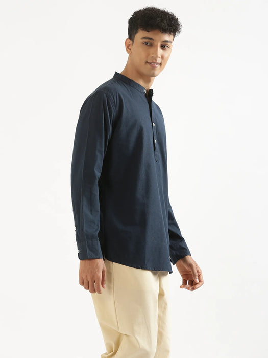 Men Navy Blue Airy Linen Short Kurta