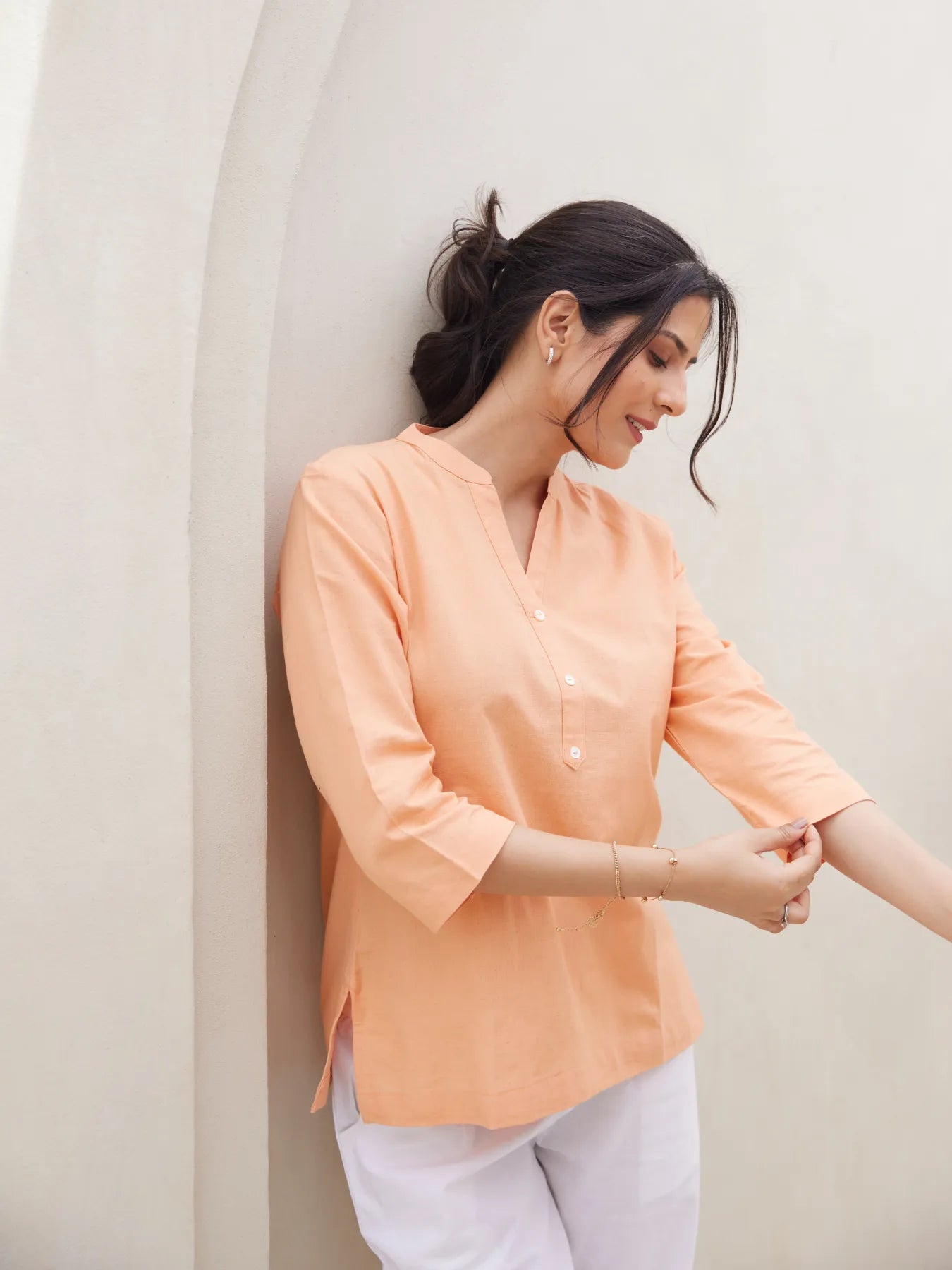Peach Short Kurta with White Cotton Pant