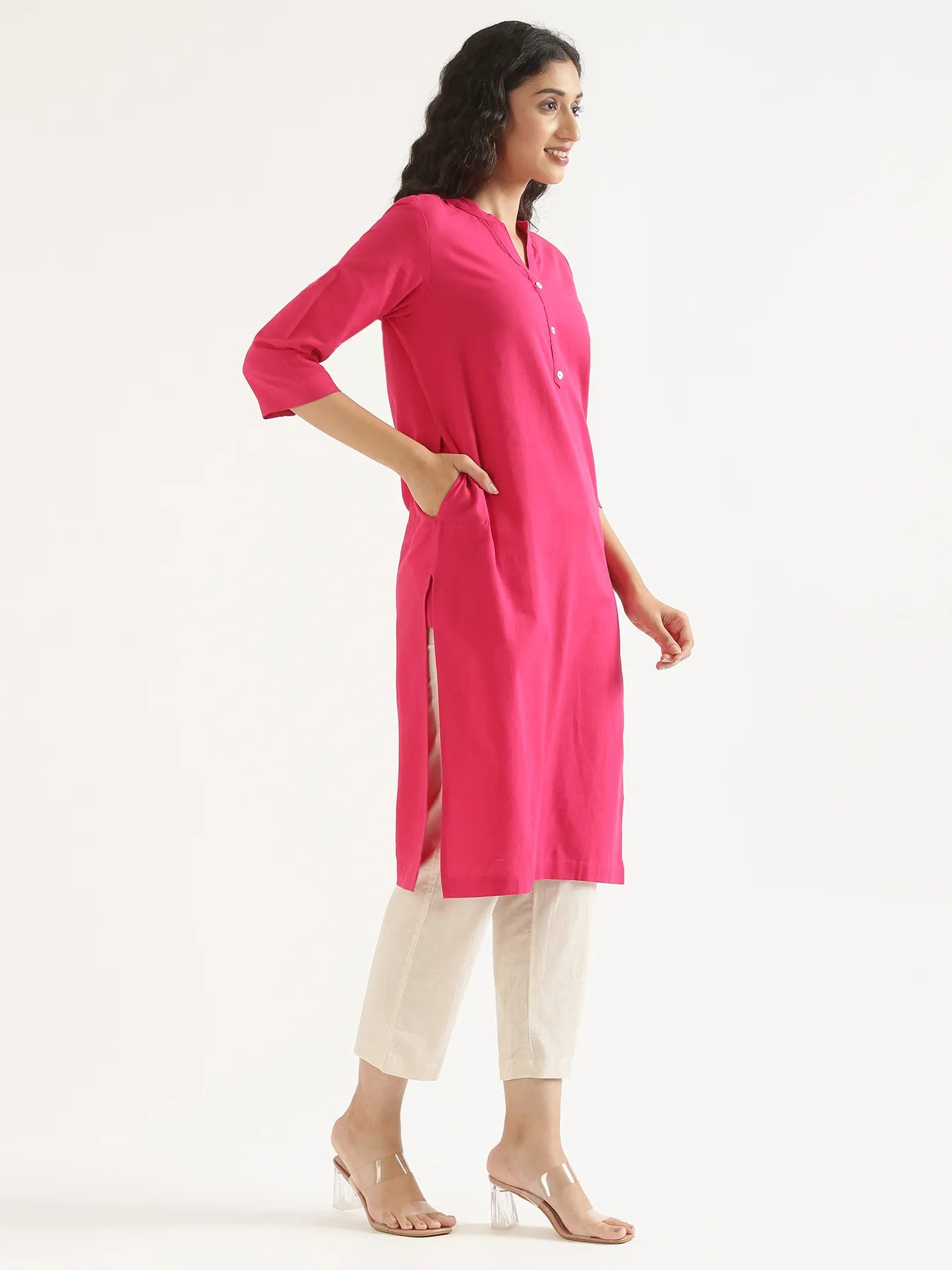 Women Hot Pink Airy Linen Long Kurta