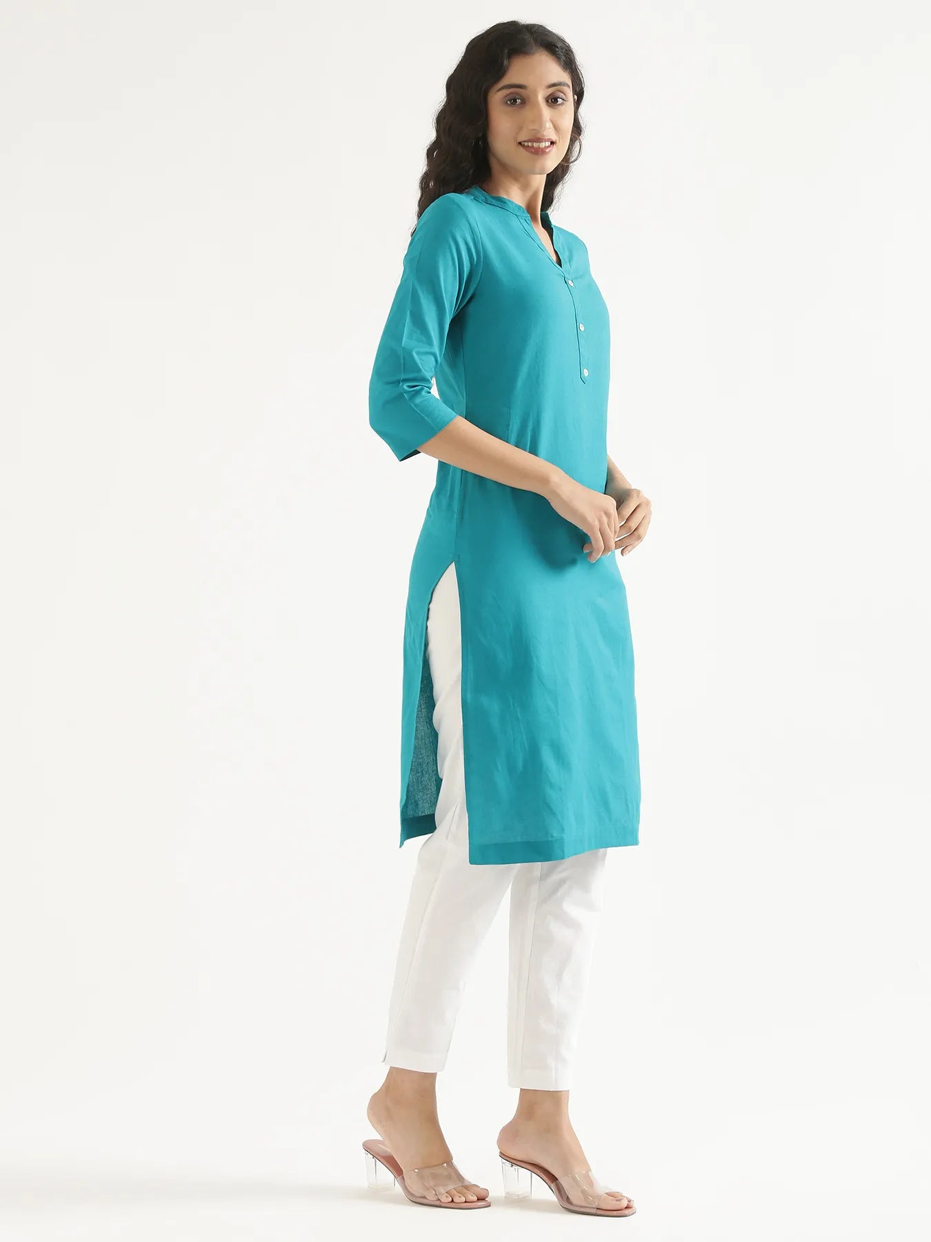 Women Teal Airy Linen Long Kurta
