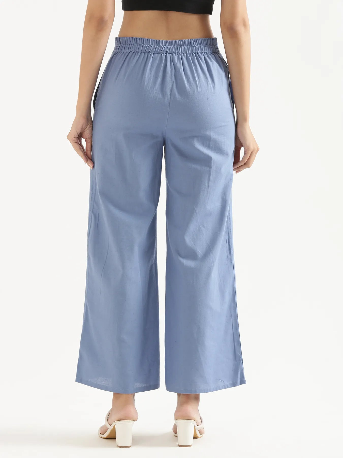 Women English Blue Airy Linen Wide Leg Pant