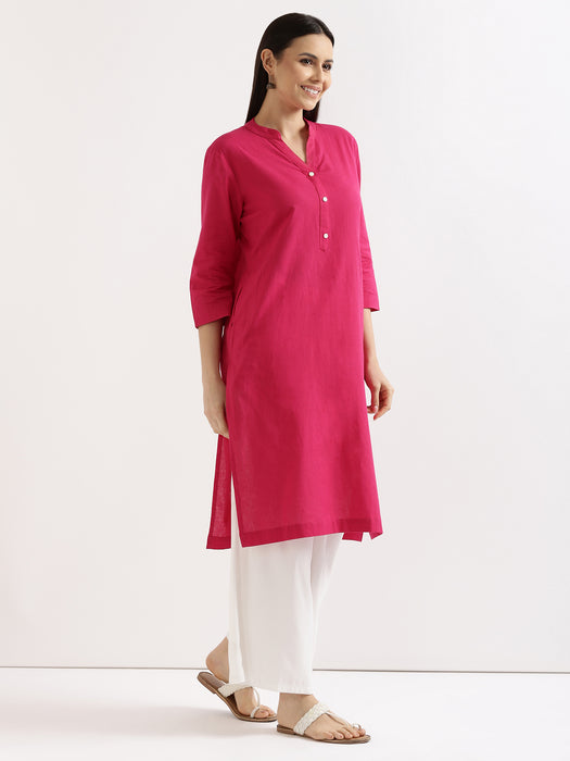 Women White & Hot Pink Long Kurta