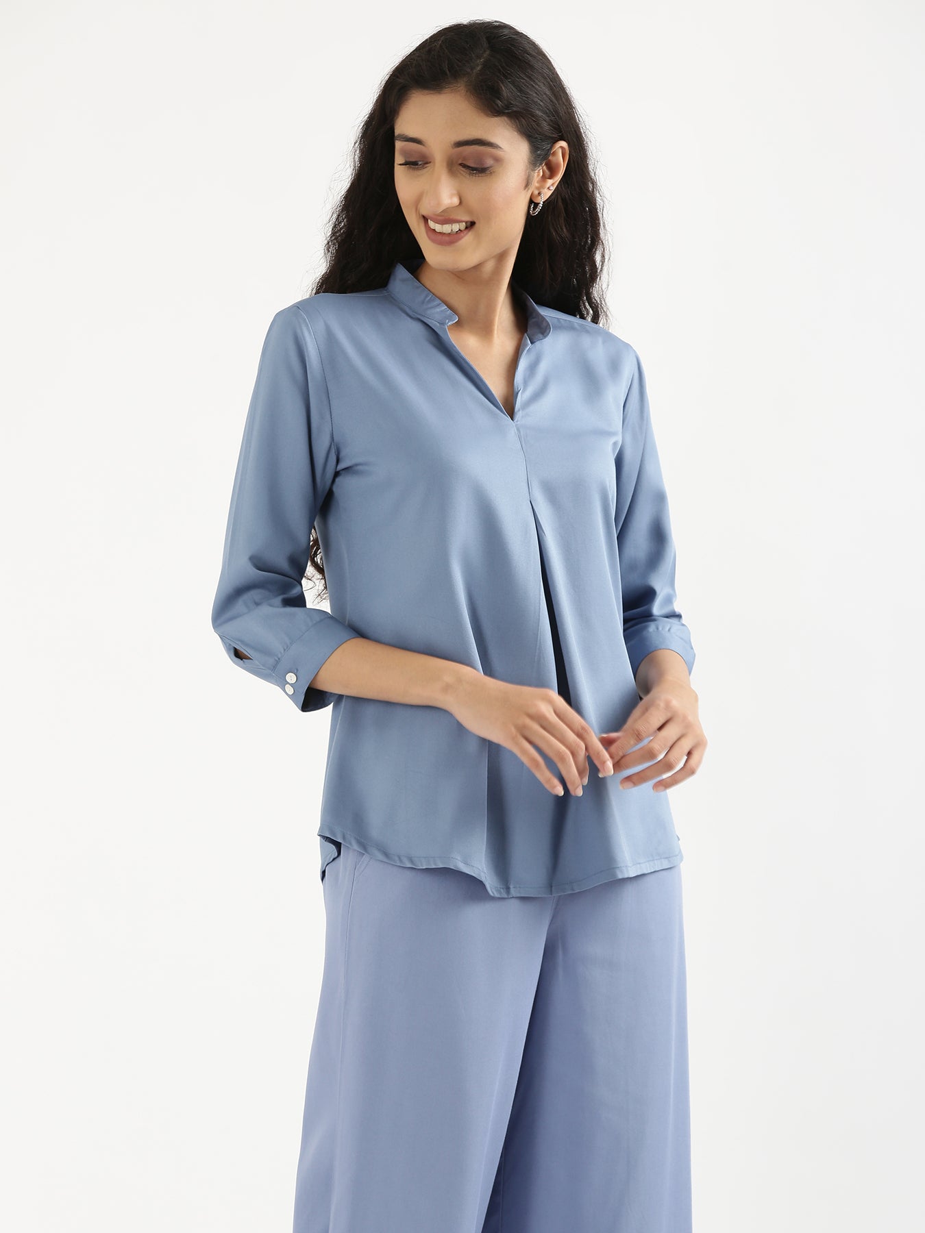 Women English Blue Viscose Pleated Top