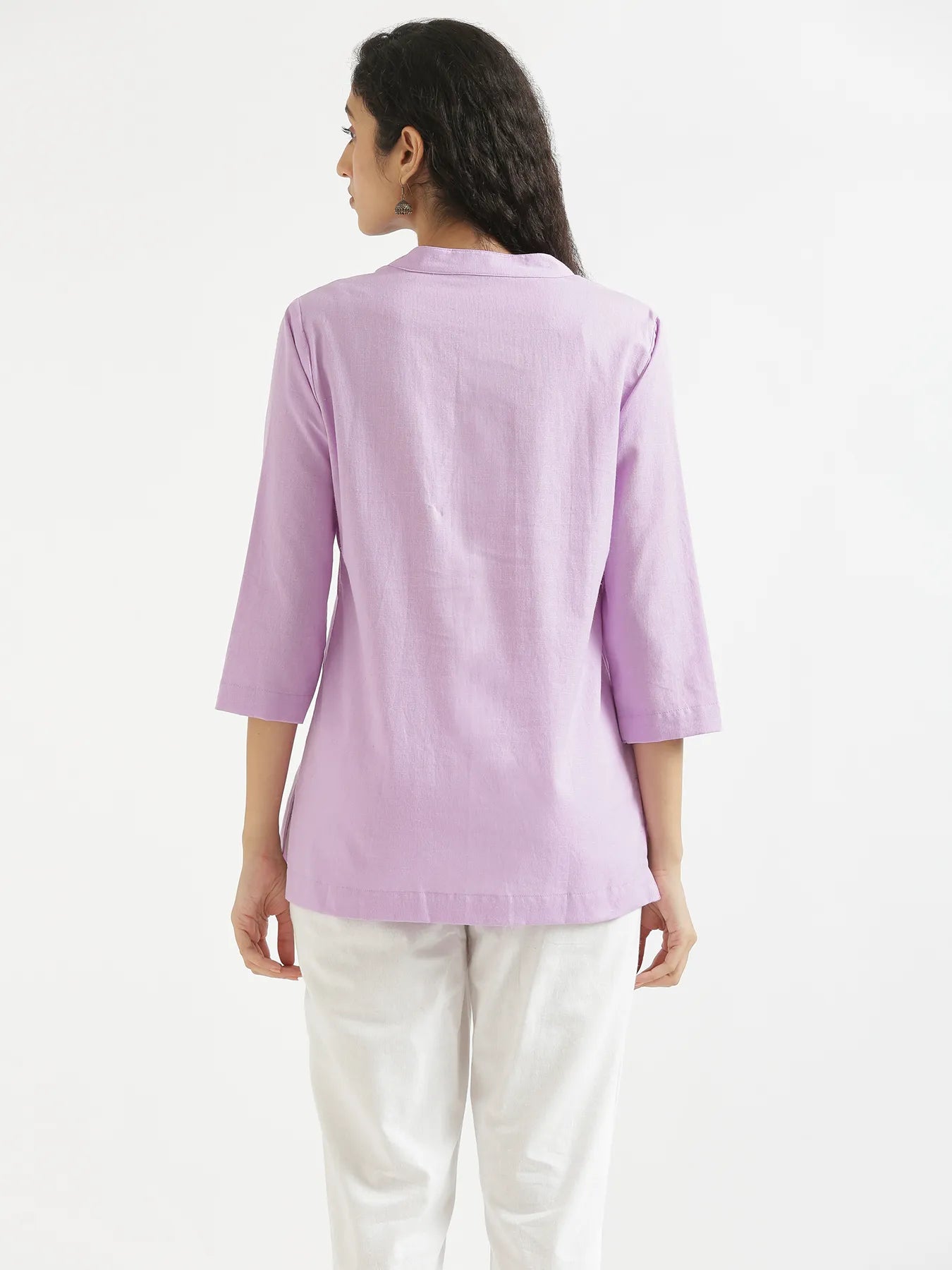 Women Lilac Airy Linen Short Kurta & White Cotton Pant Set