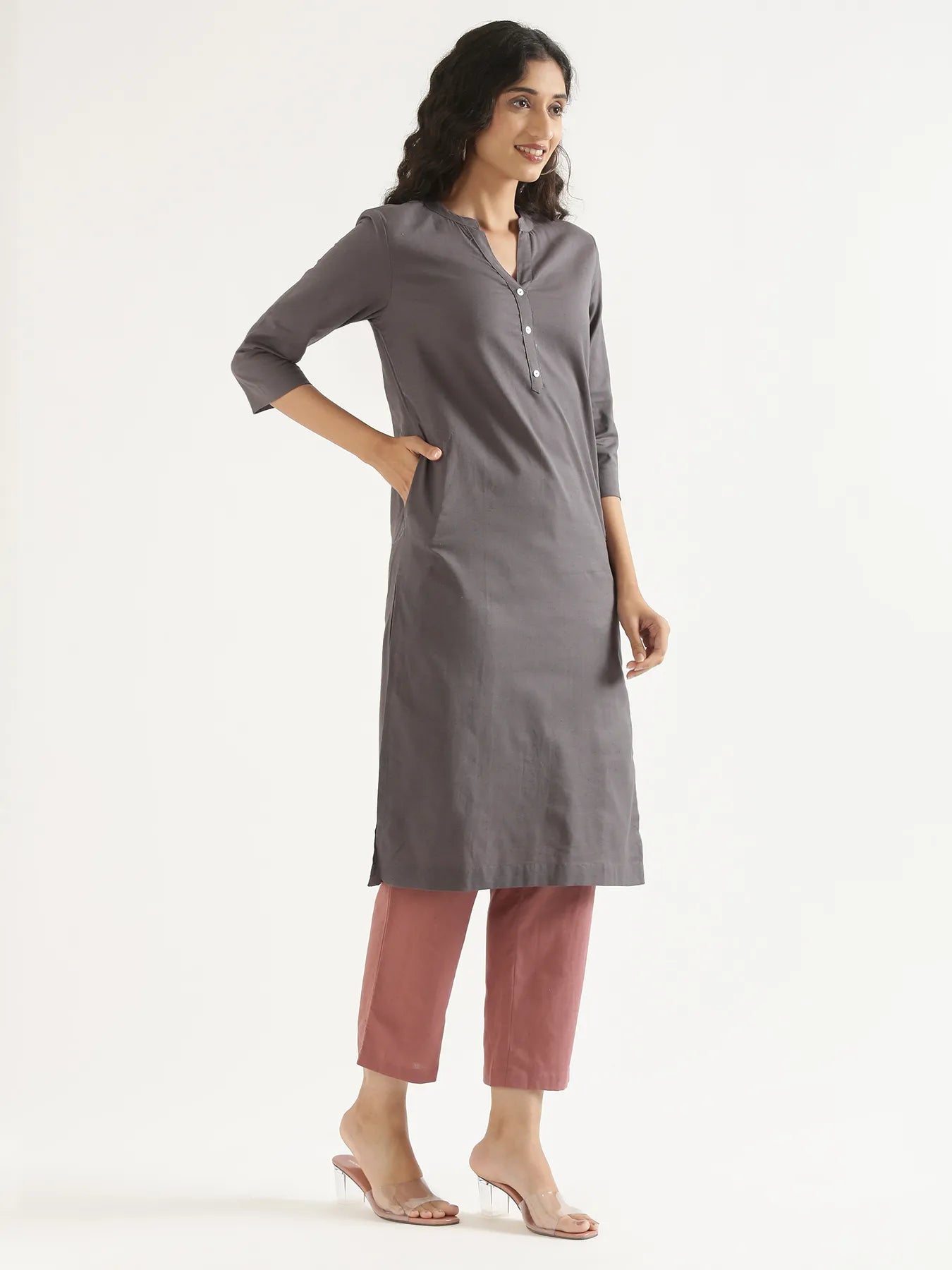 Women Slate Grey Airy Linen Long Kurta