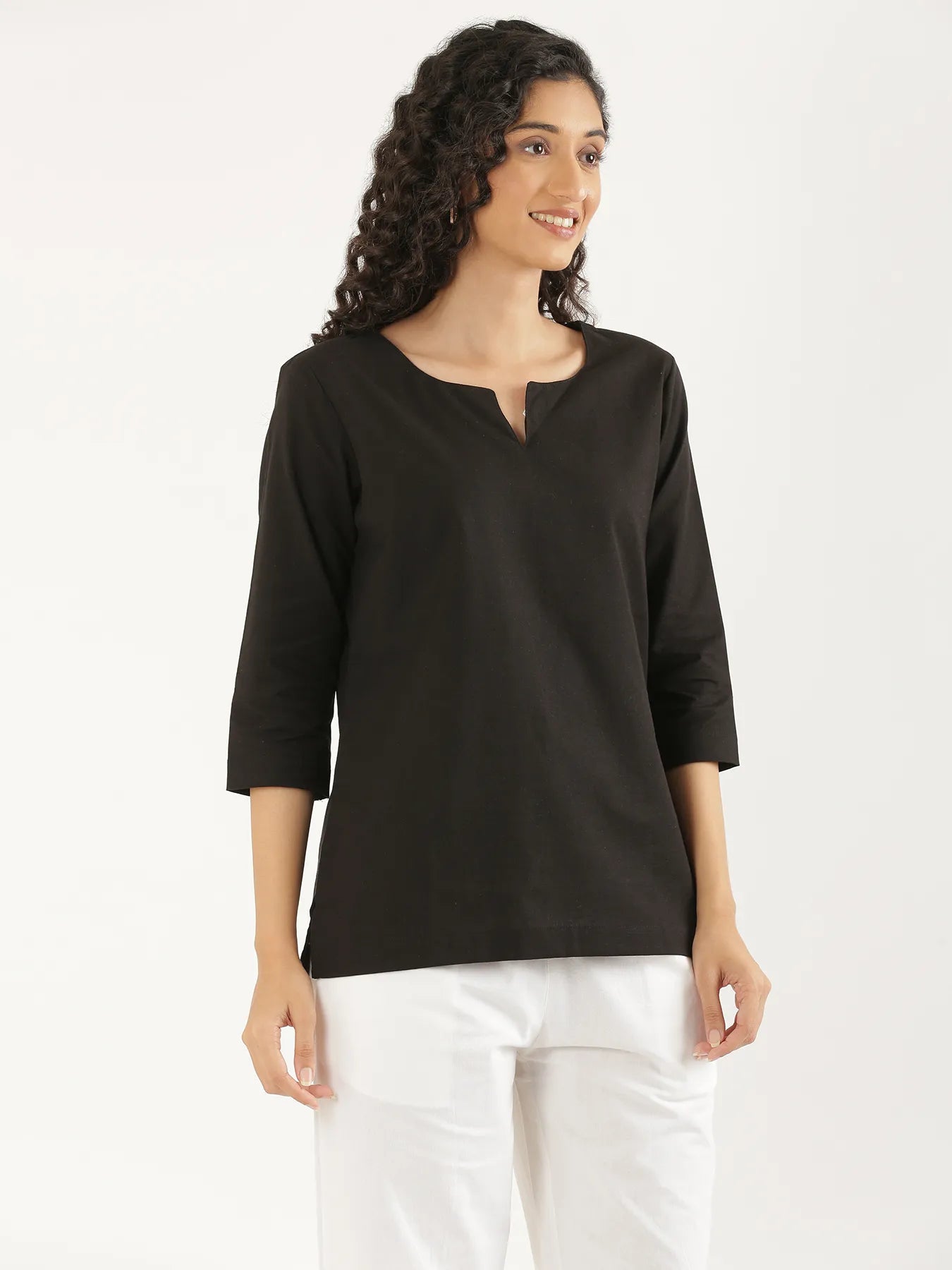 Women Black Airy Linen Split Neck Short Kurta