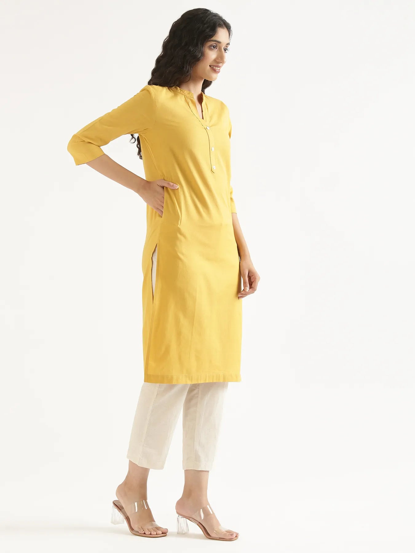 Women Yellow Airy Linen Long Kurta