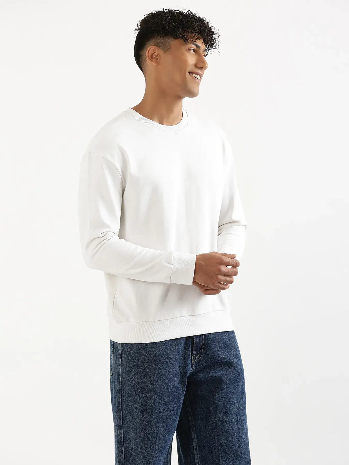 Unisex White Round Neck Sweatshirt