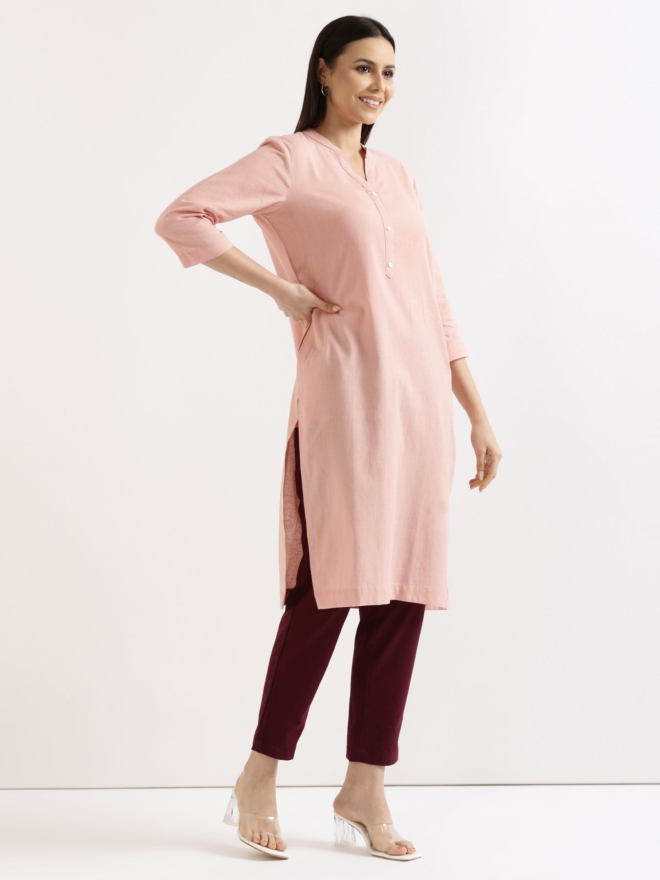 Women Salmon Pink Airy Linen Long Kurta & Wine Cotton Pant Set