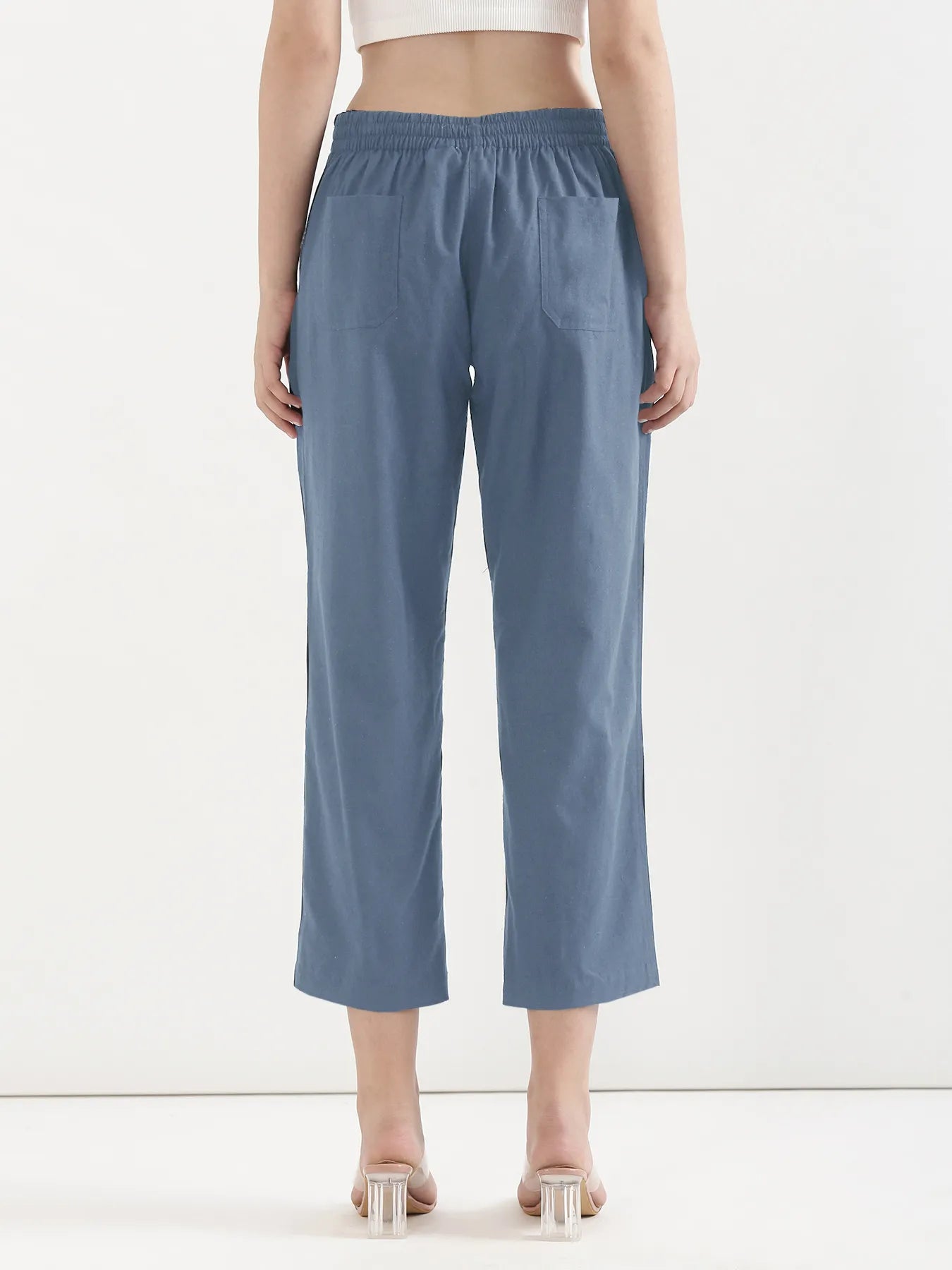 Women English Blue Airy Linen Straight Pants