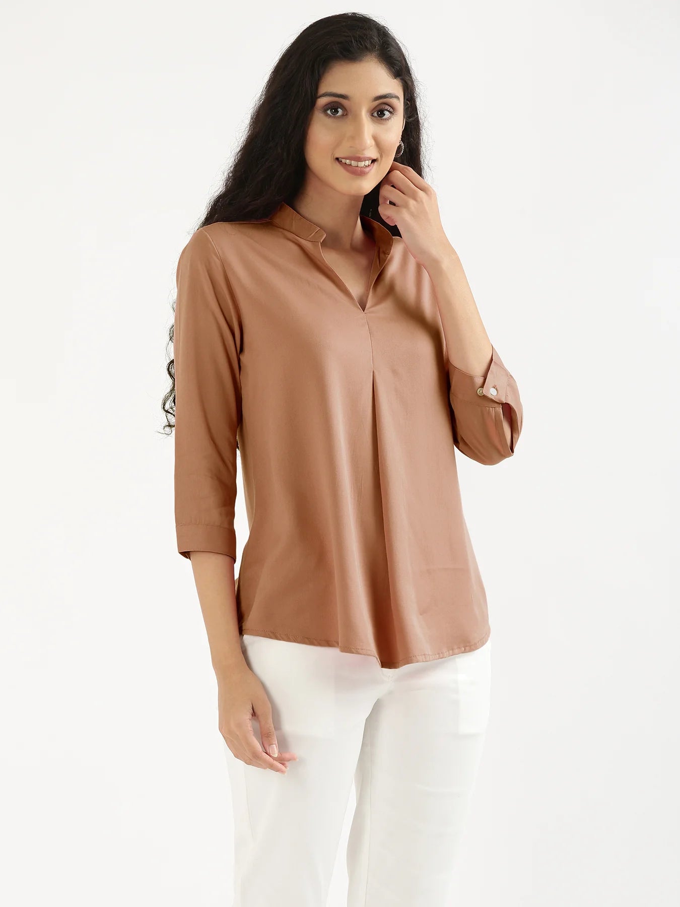 Women Mocha Mousse Viscose Pleated Top
