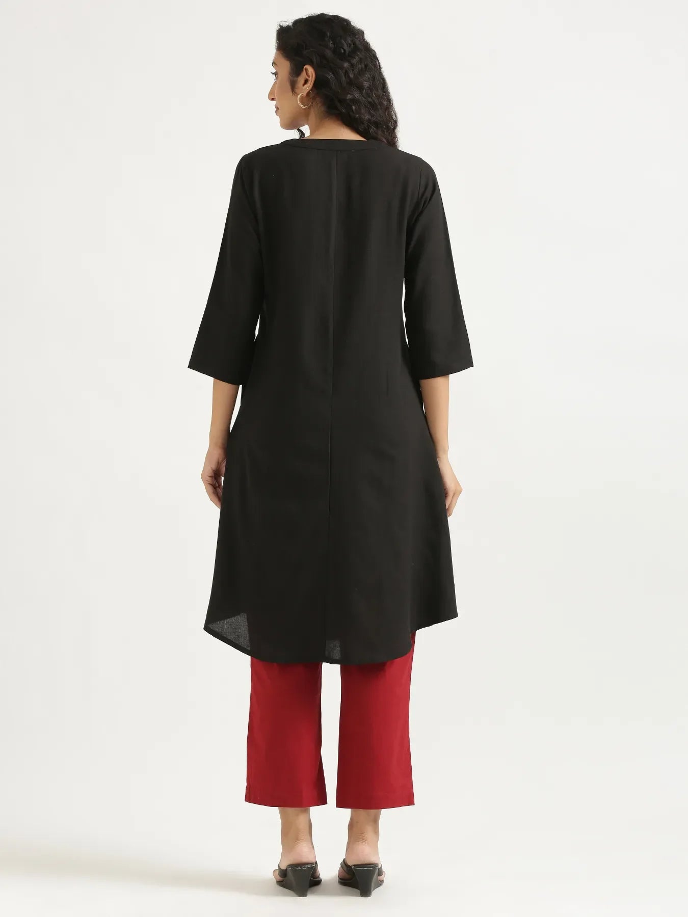 Women Black Flowy Linen A-Line Long Kurta