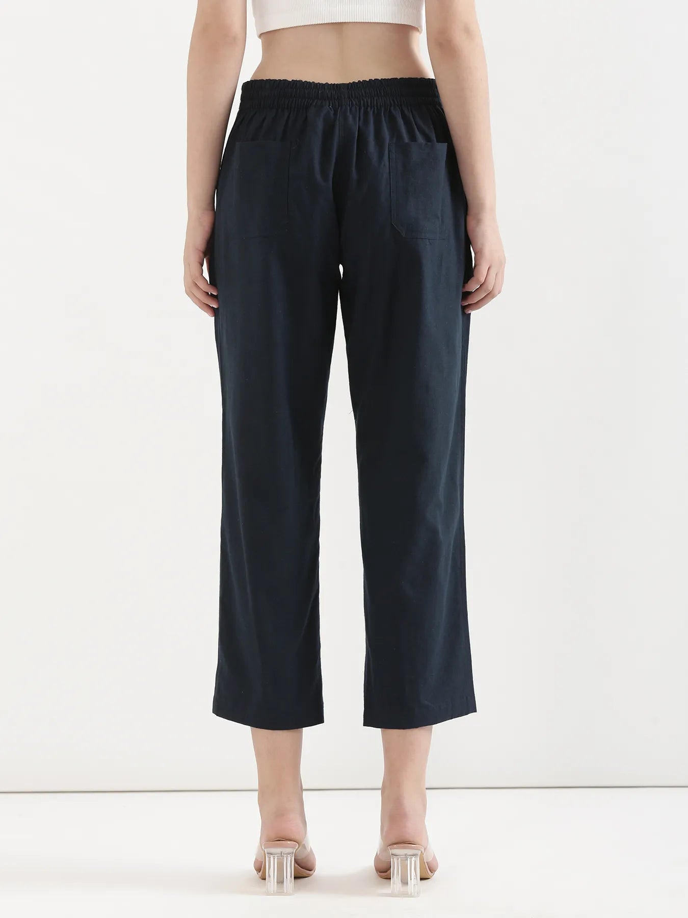 Women Navy Blue Airy Linen Straight Pant