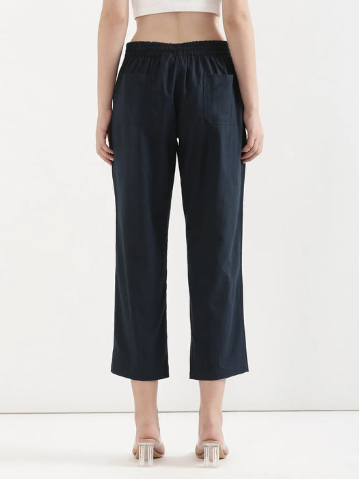 Women Navy Blue Airy Linen Straight Pants