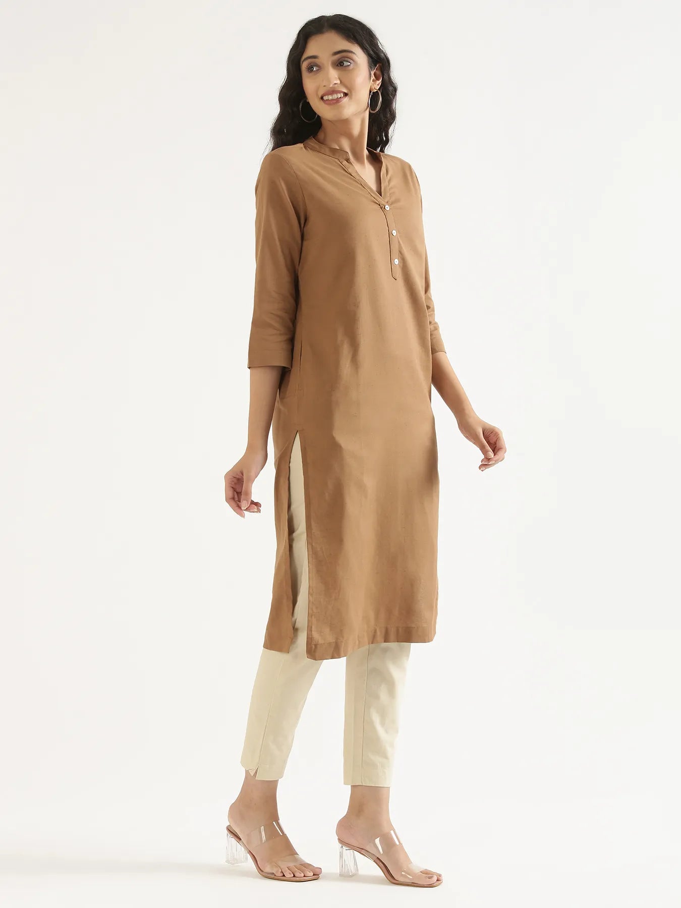 Women Coffee Brown Airy Linen Long Kurta