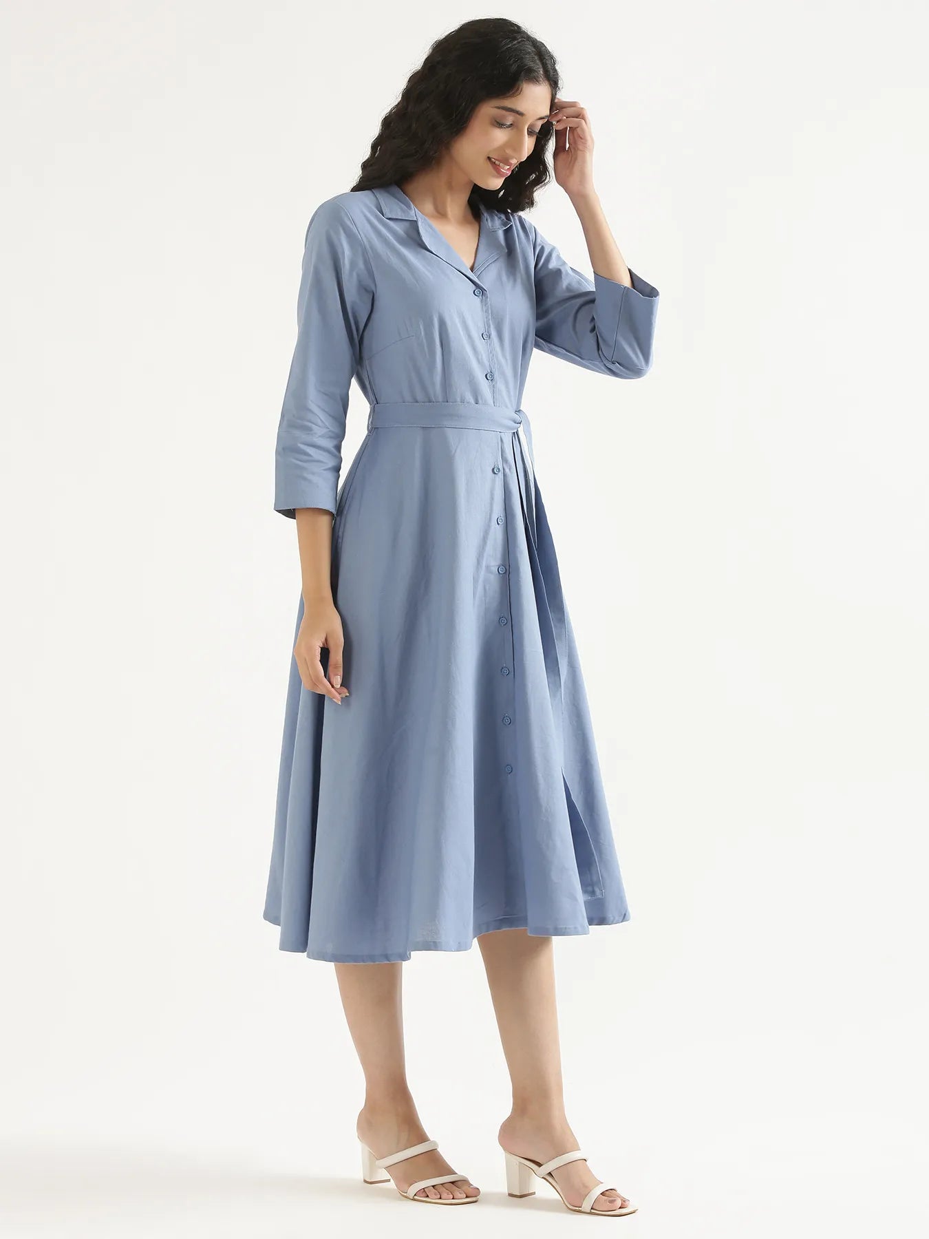 Women English Blue Airy Linen Flared Dress