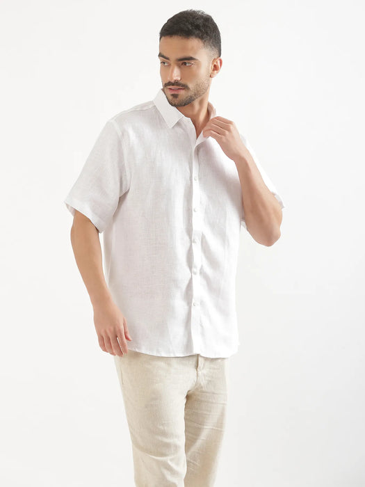 Men White 100% Linen Half Sleeve Shirt