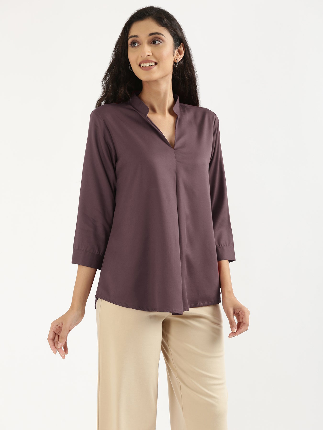 Women Brinjal Viscose Pleated Top