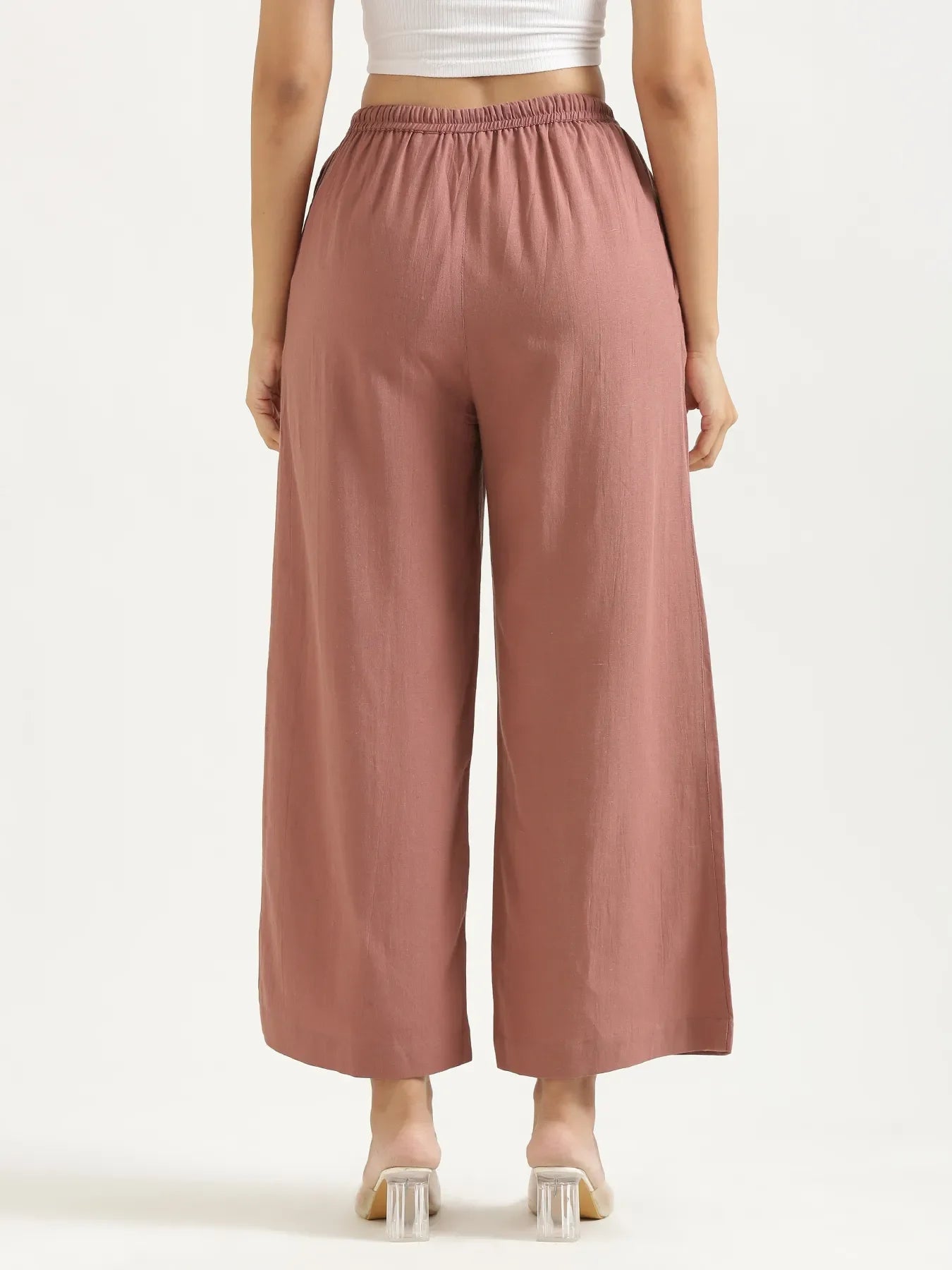 Women Rose Taupe Flowy Linen Wide Leg Pants