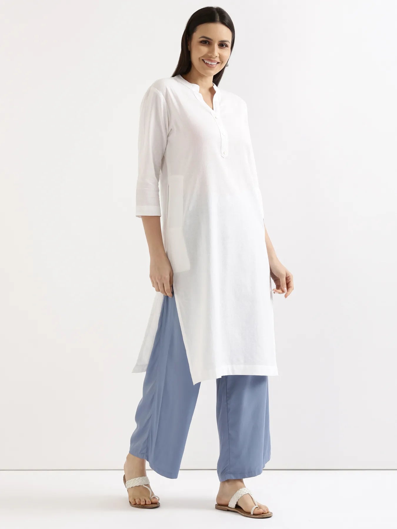 Women White Airy Linen Long Kurta & English Blue Viscose Palazzo Pant Set