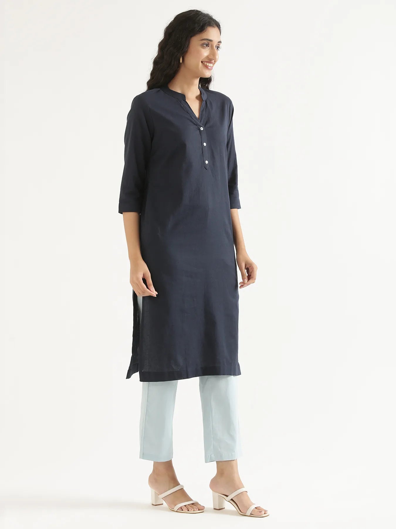 Women Navy Blue Airy Linen Long Kurta