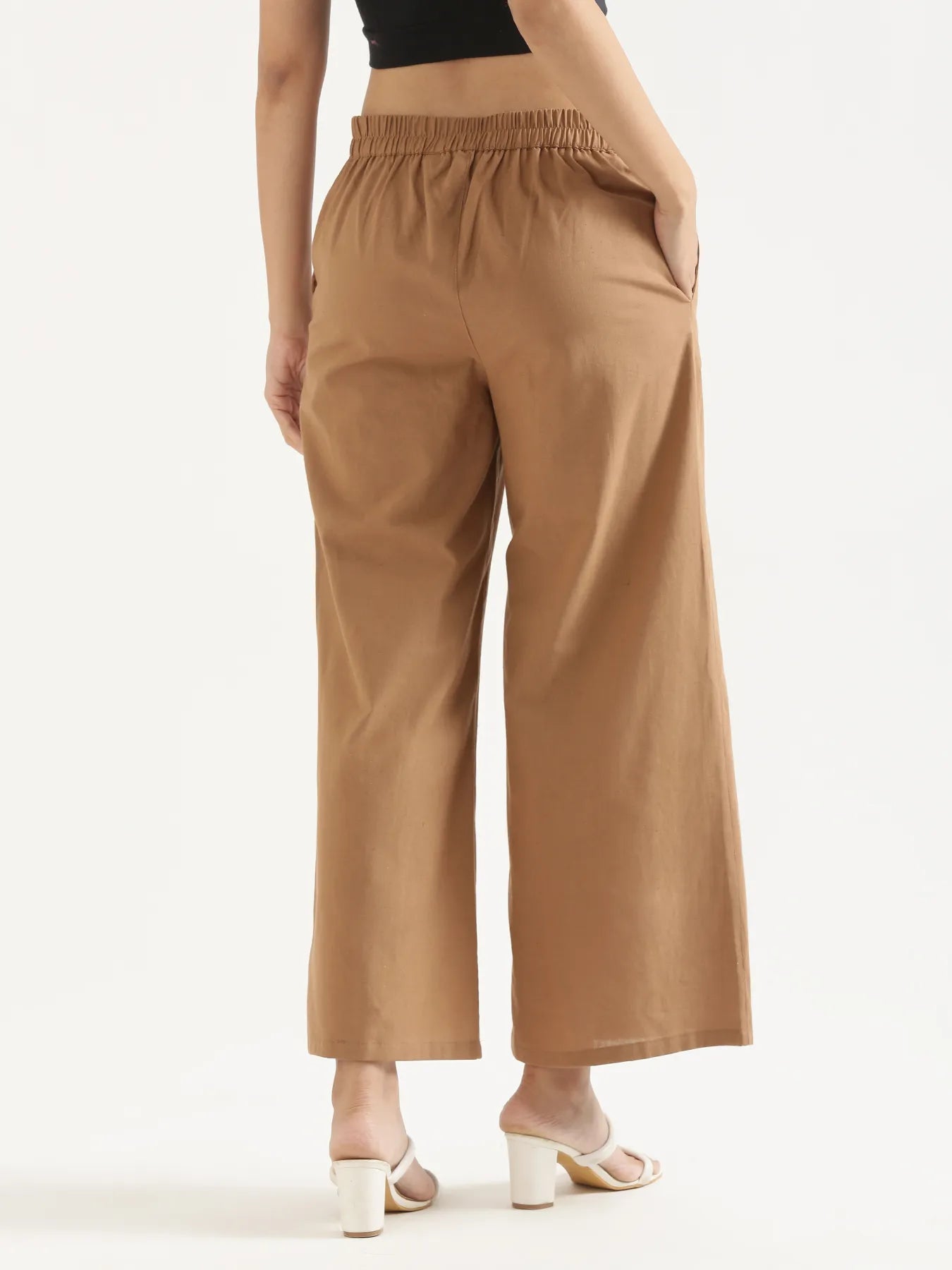 Women Coffee Brown Airy Linen Wide Leg Pant