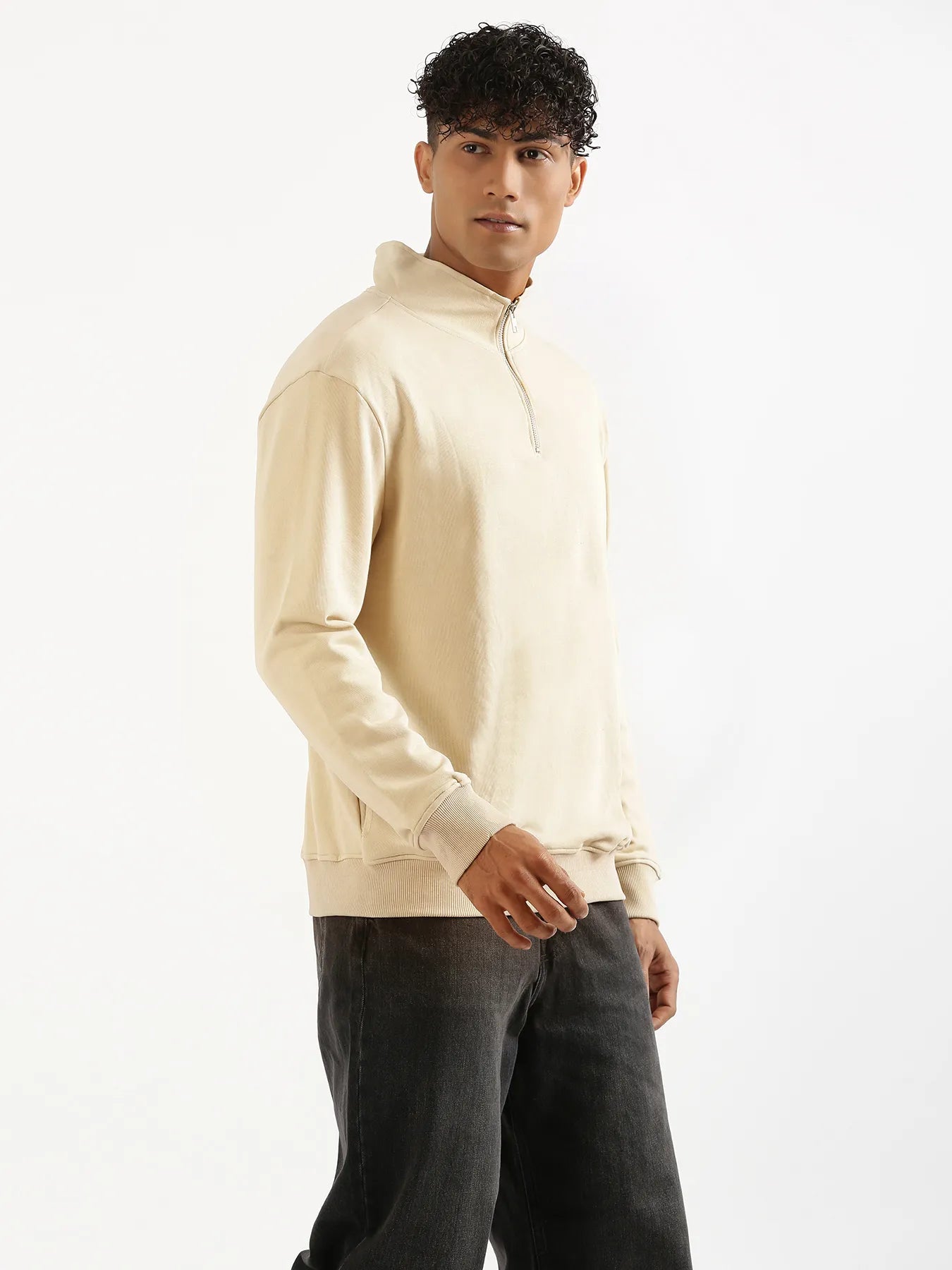 Unisex Beige Zip Neck Sweatshirt