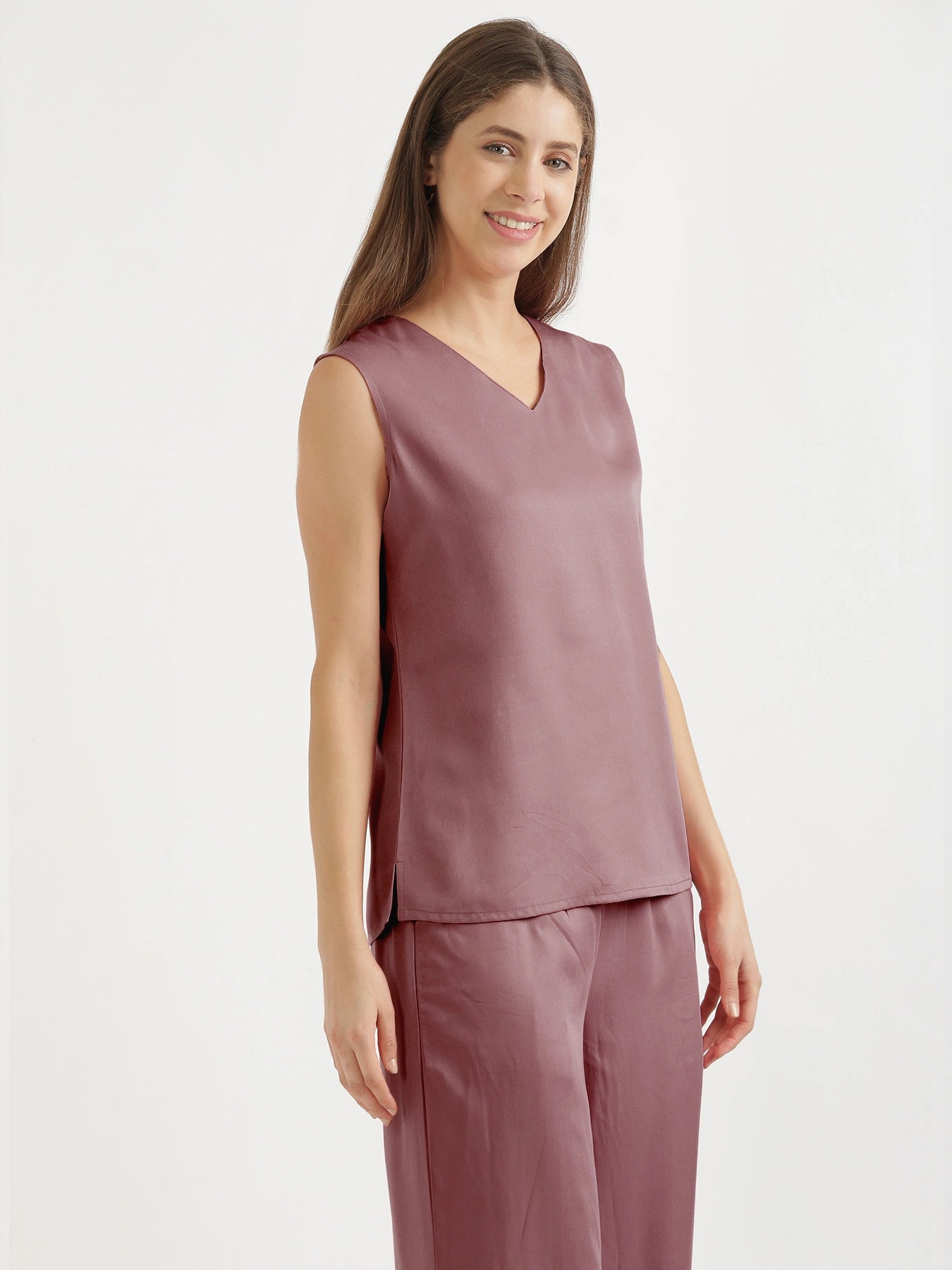 Women Rose Taupe V-Neck Sleeveless Top