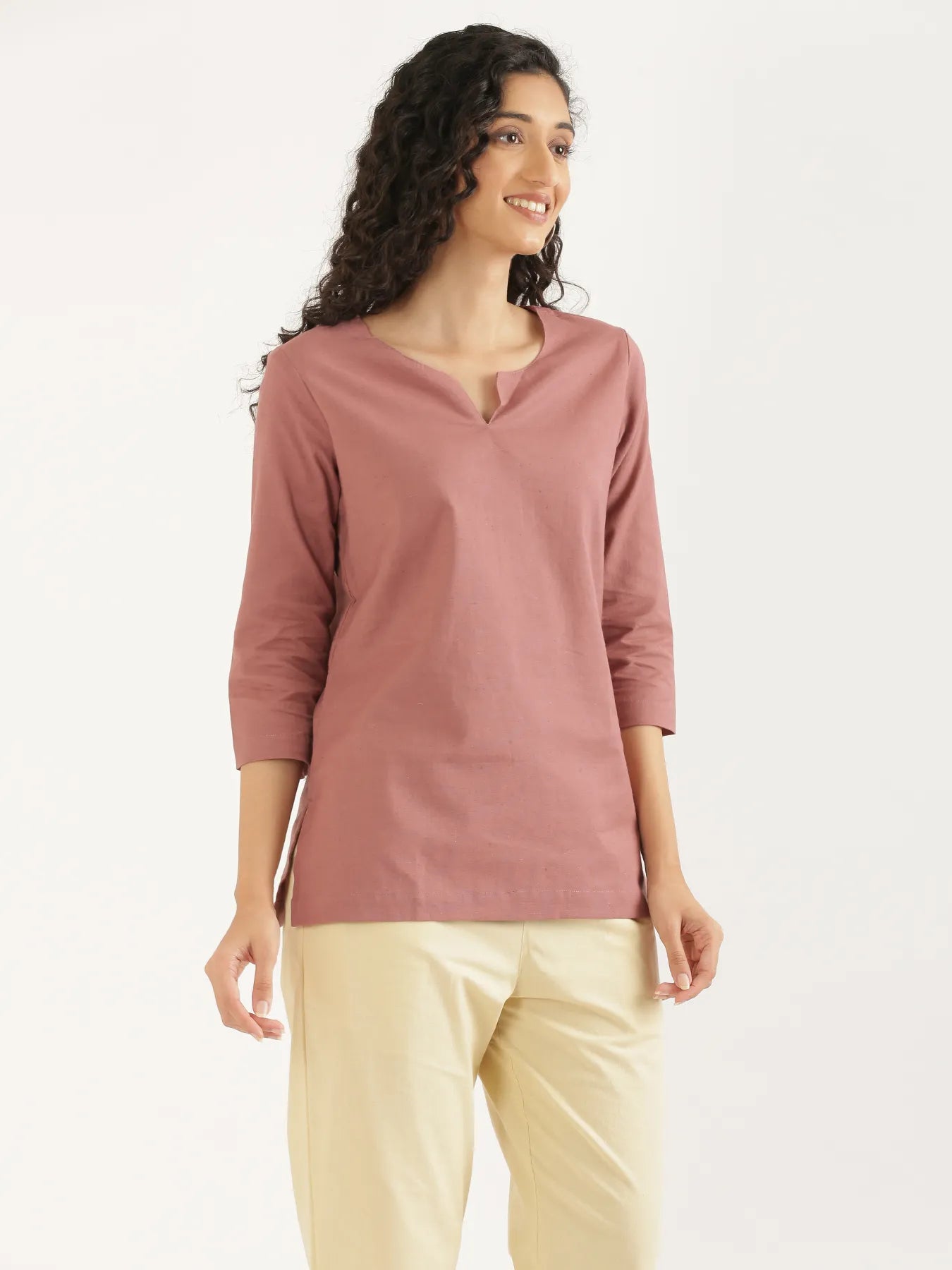 Women Rose Taupe Airy Linen Split Neck Short Kurta