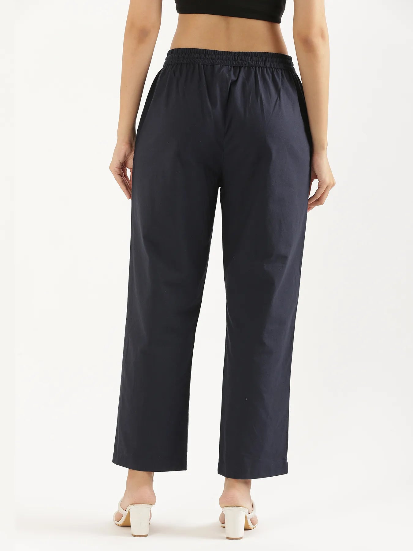 Women Navy Blue Cotton Straight Pant