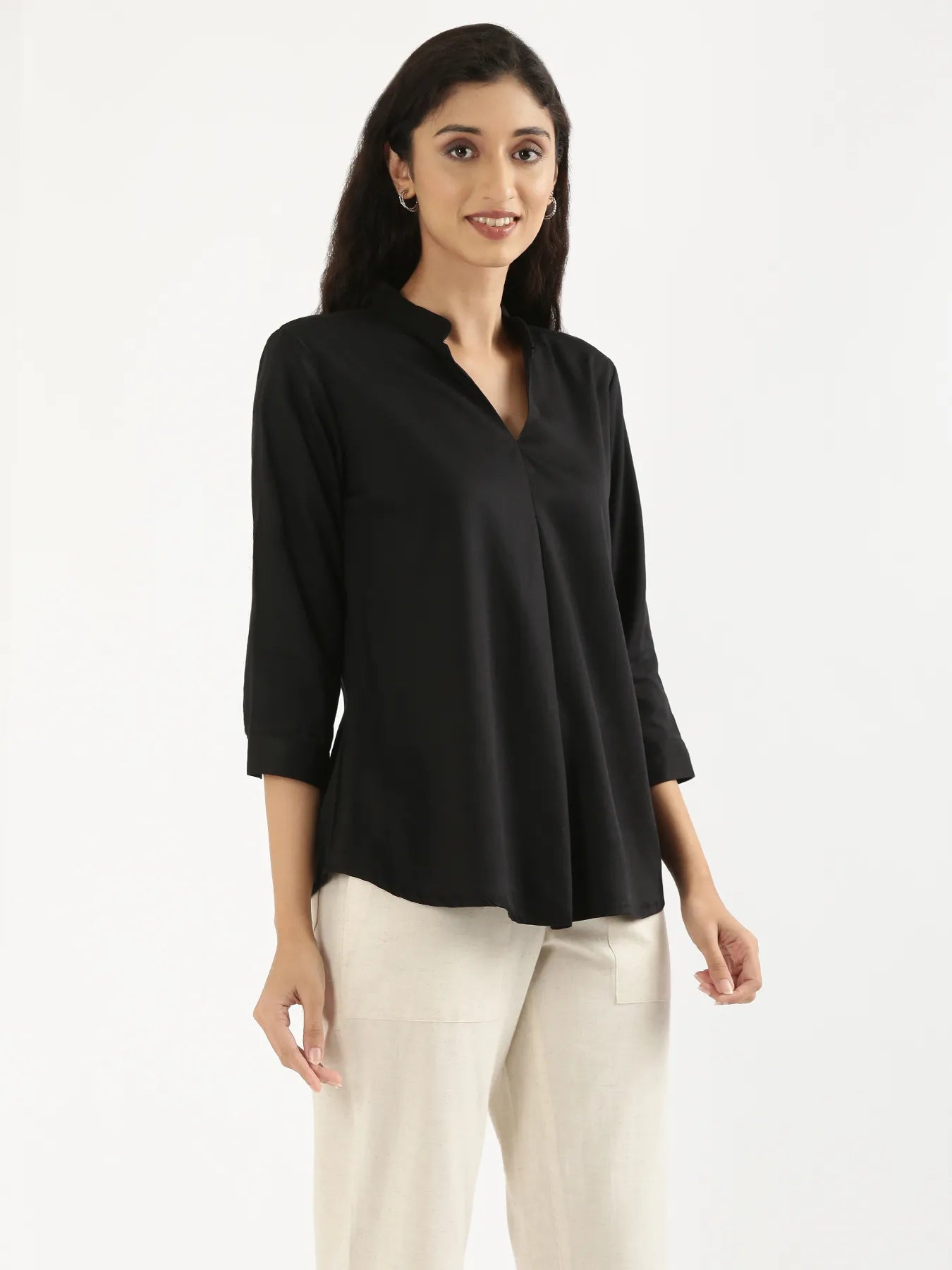 Women Black Viscose Pleated Top