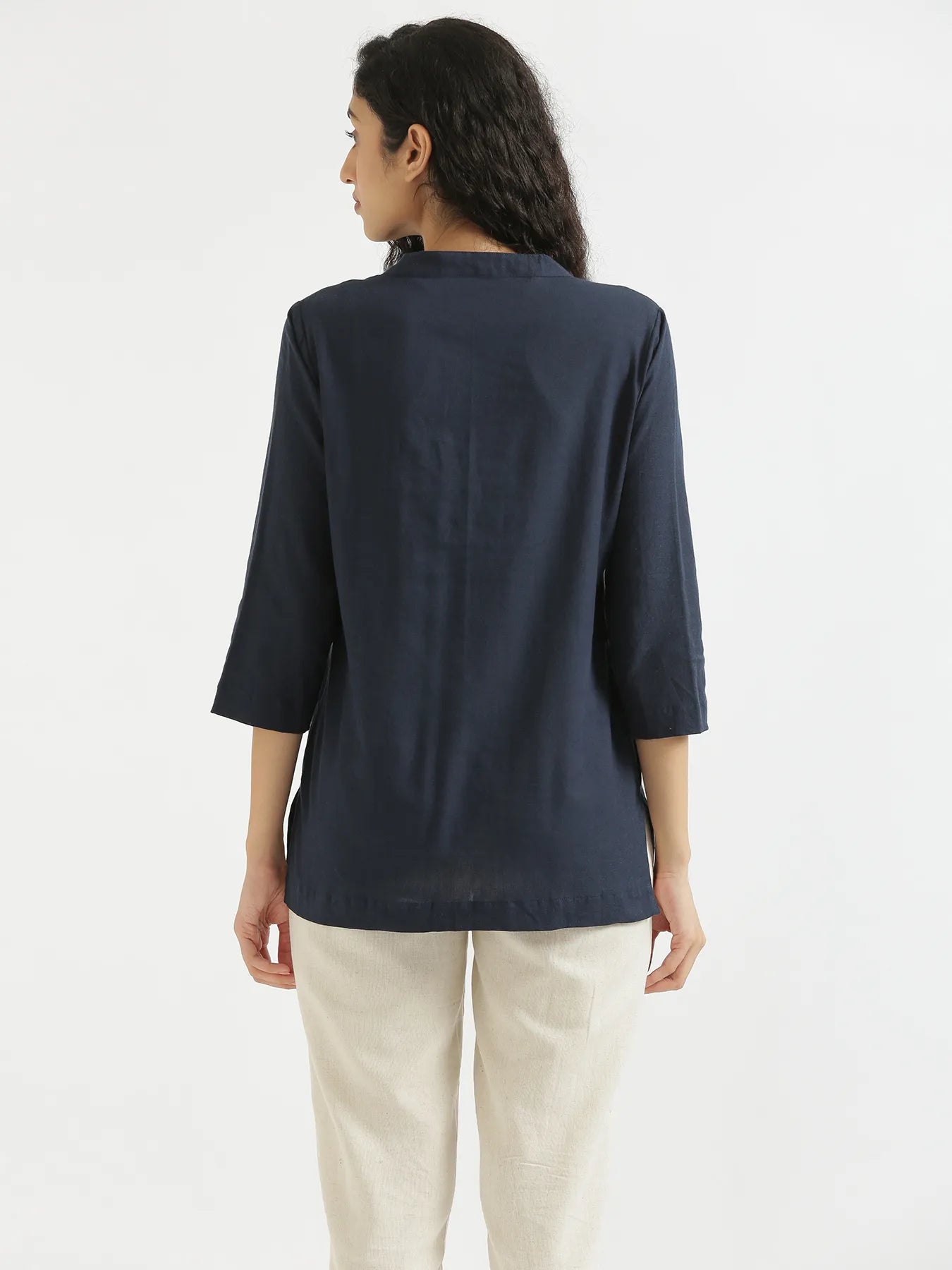 Women Navy Blue Airy Linen Short Kurta