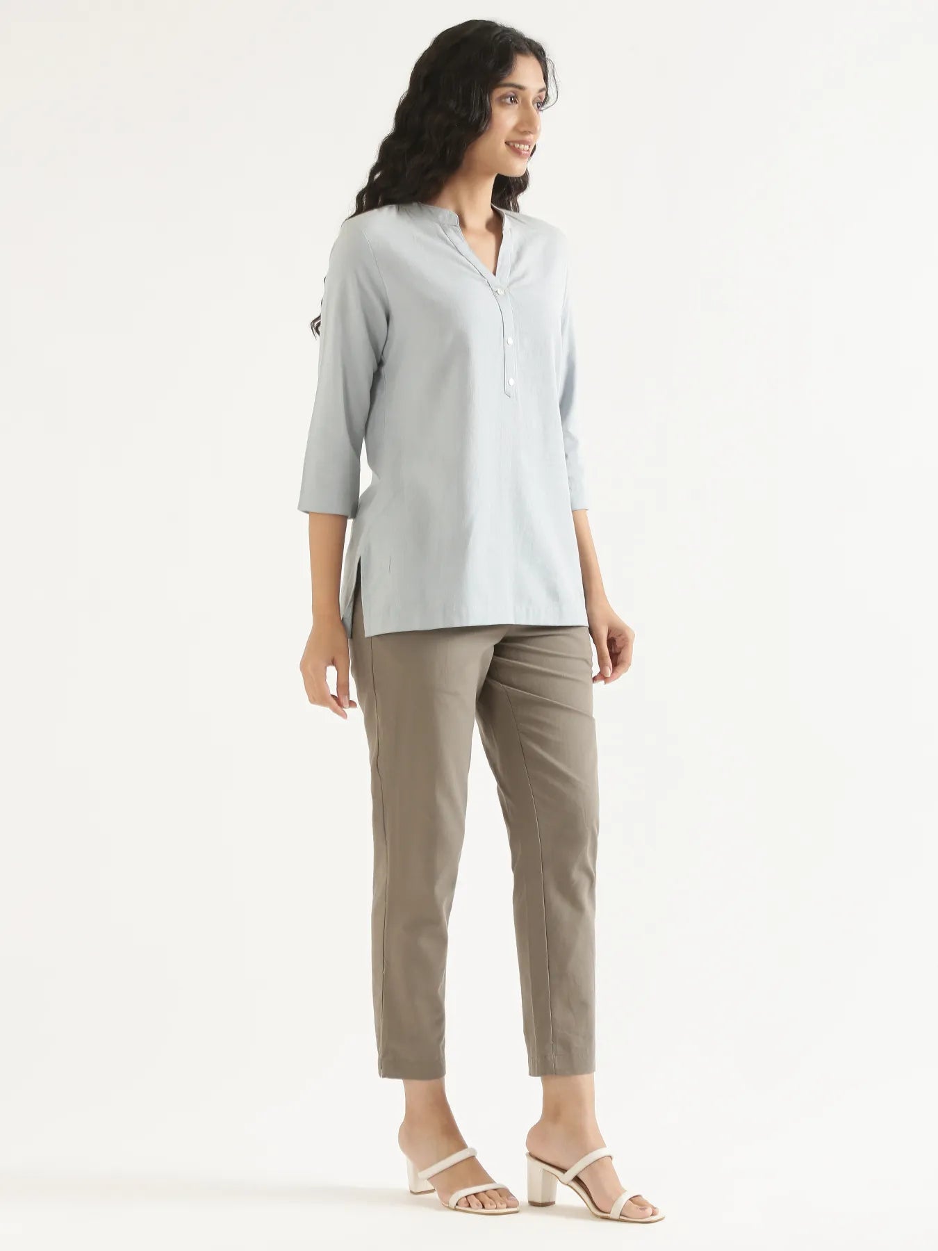 Women Sky Blue Airy Linen Short Kurta & Grey Cotton Pant Set