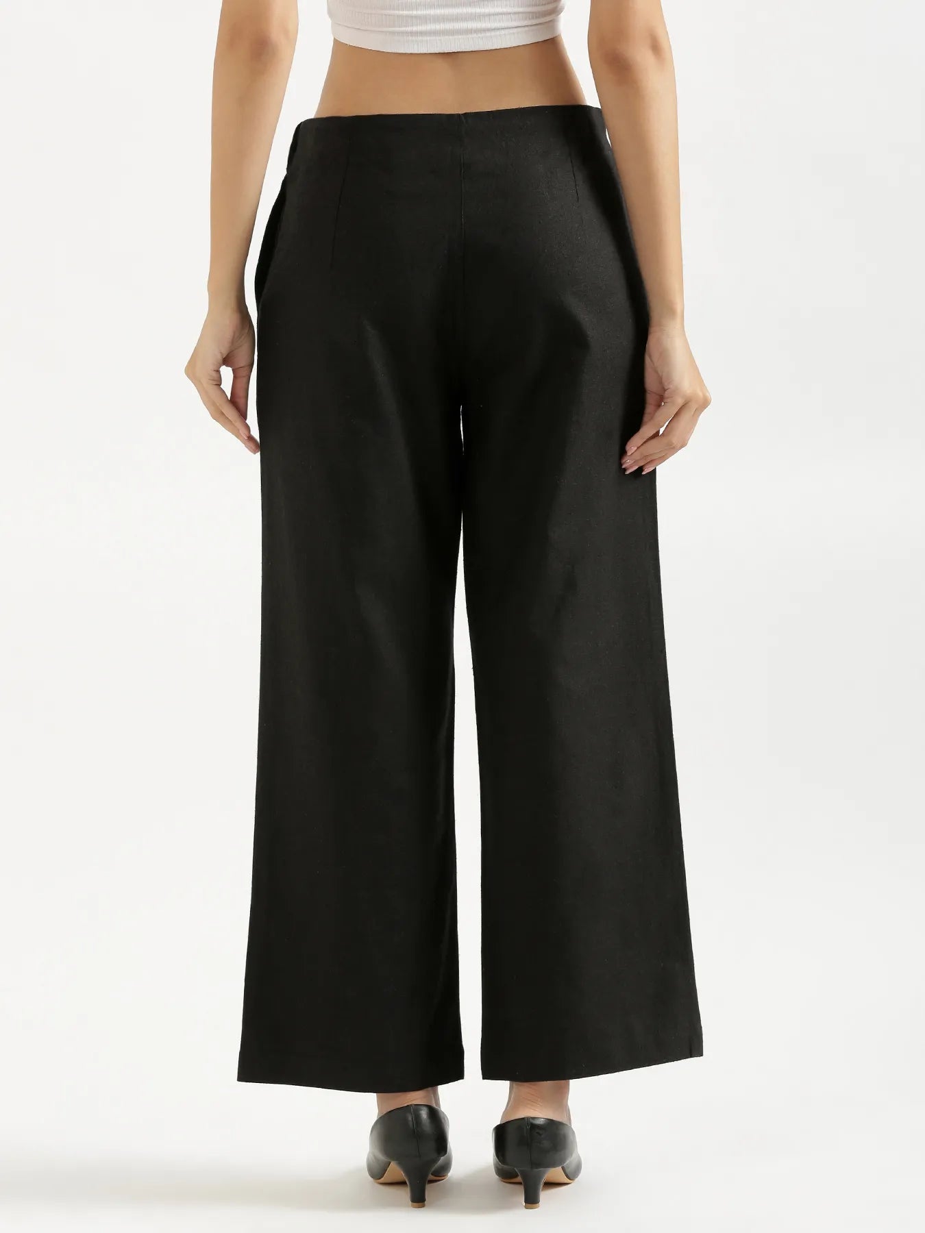 Women Black Linen Blend Wide Leg Pant