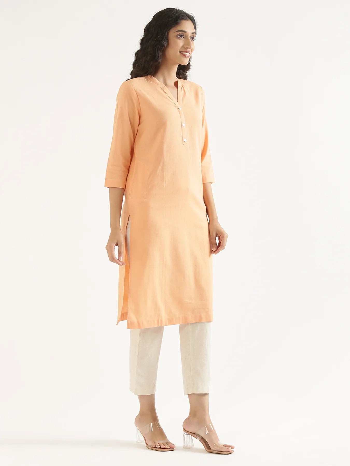 Women Peach Airy Linen Long Kurta