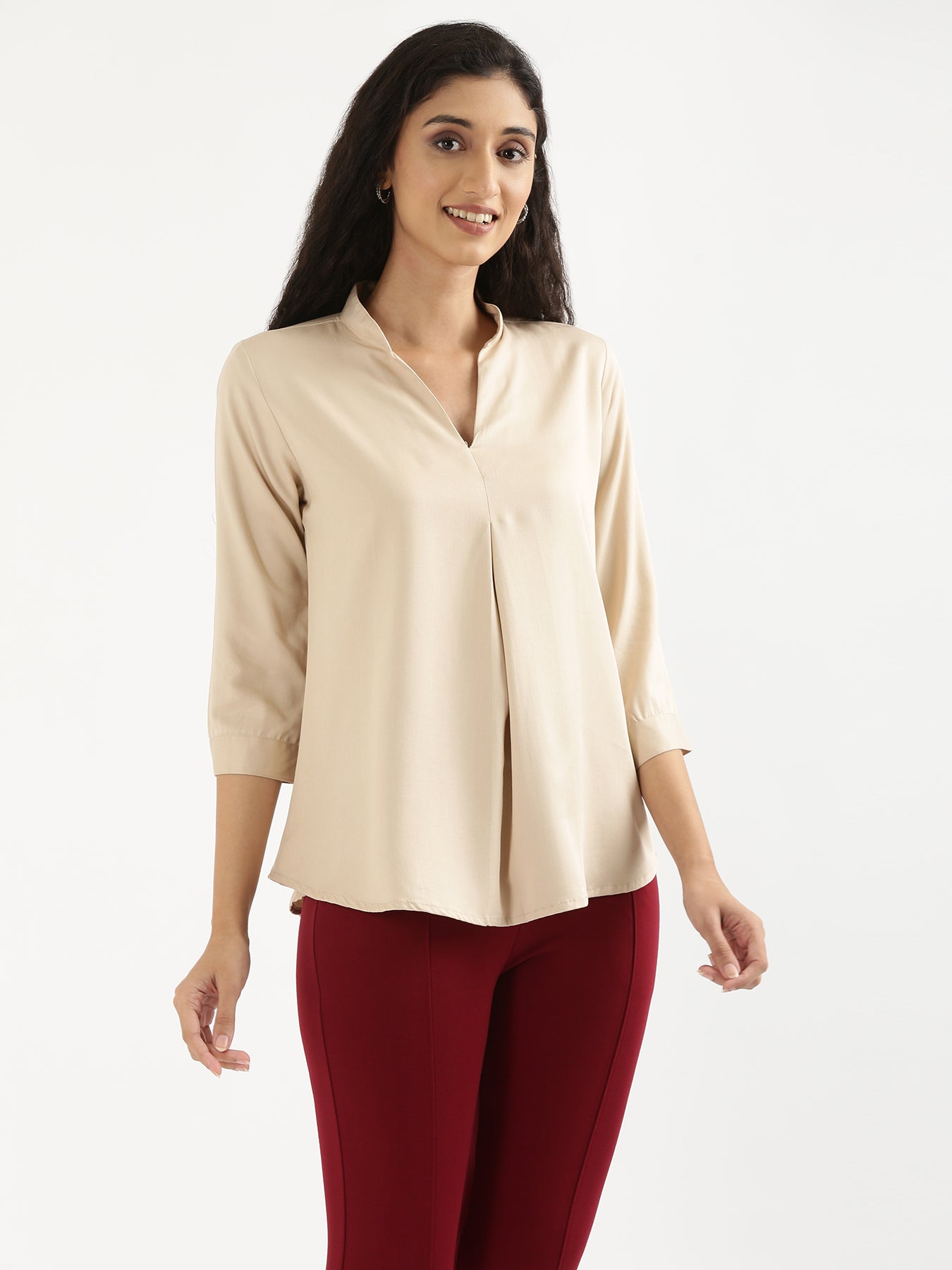 Women Beige Viscose Pleated Top