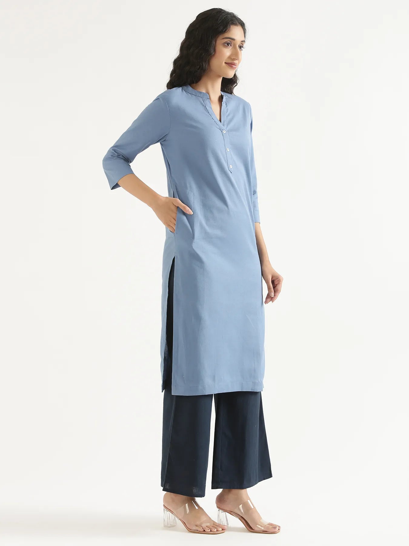 Women English Blue Airy Linen Long Kurta