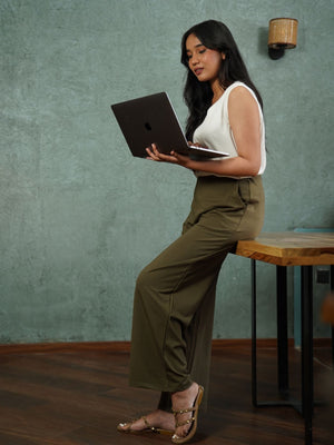 White V-Neck Sleeveless Top & Olive Green Wide Leg Pant