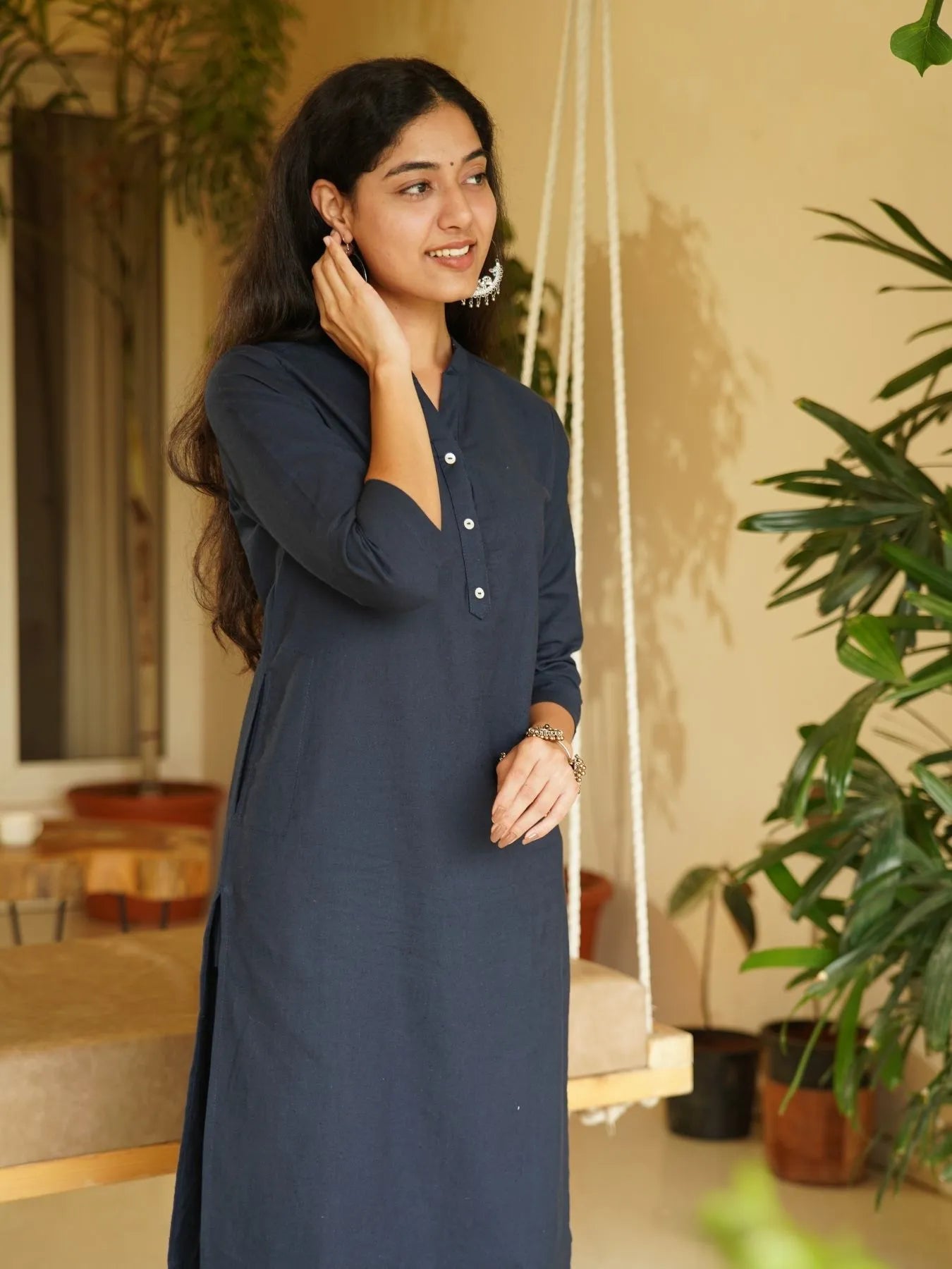 Navy Blue Airy Linen Long Kurta Co-ord Set