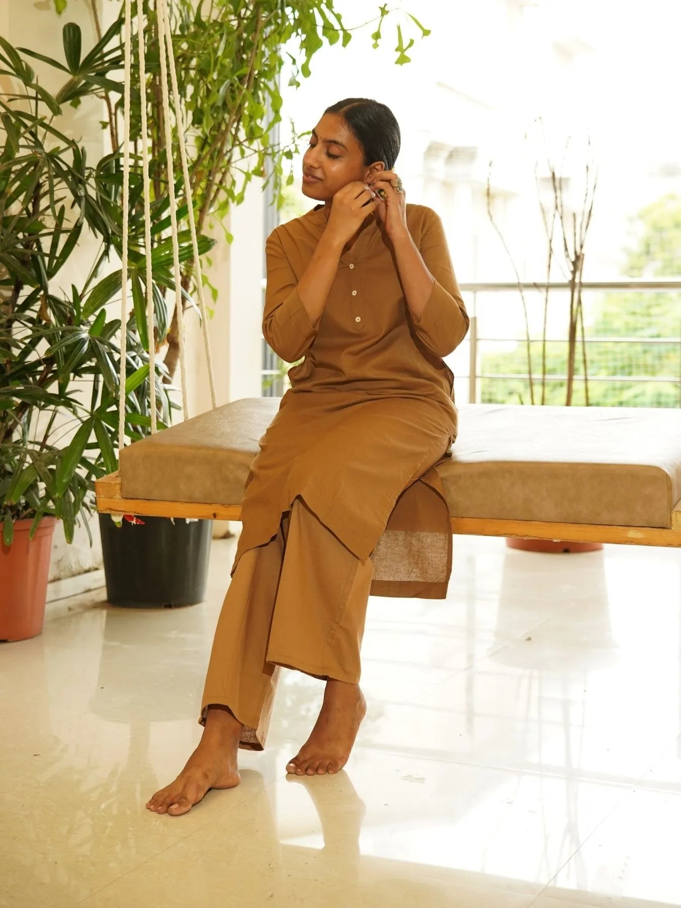 Coffee Brown Airy Linen Long Kurta Co-ord Set