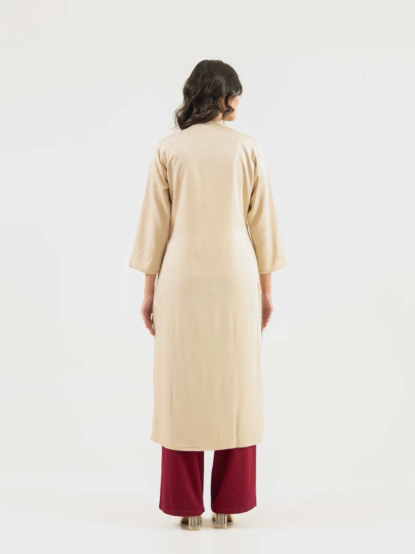 Women Beige Flowy Straight Long Kurta